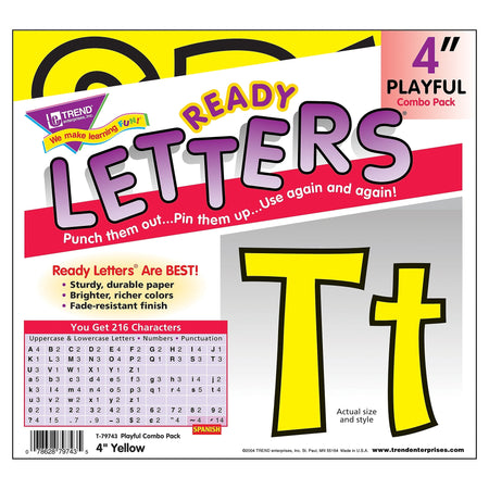 TREND 4" Playful Uppercase/Lowercase Combo Pack  Ready Letters, Yellow, 216/Pack, 3 Packs