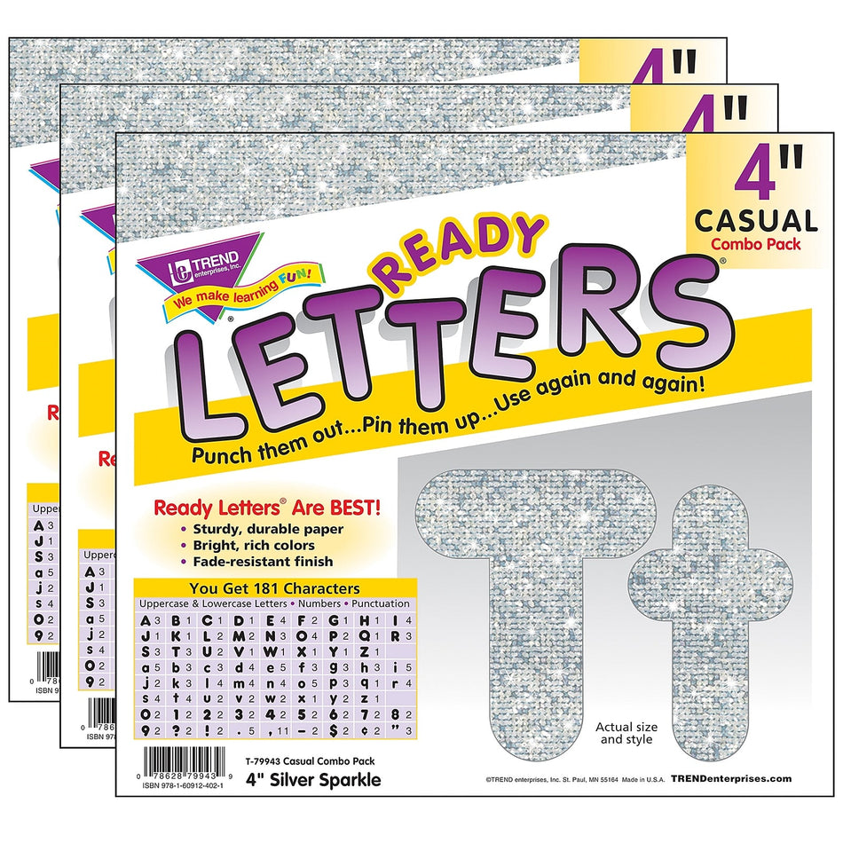 TREND 4" Sparkle Casual Combo Ready Letters, Silver, 182/Pack, 3 Packs