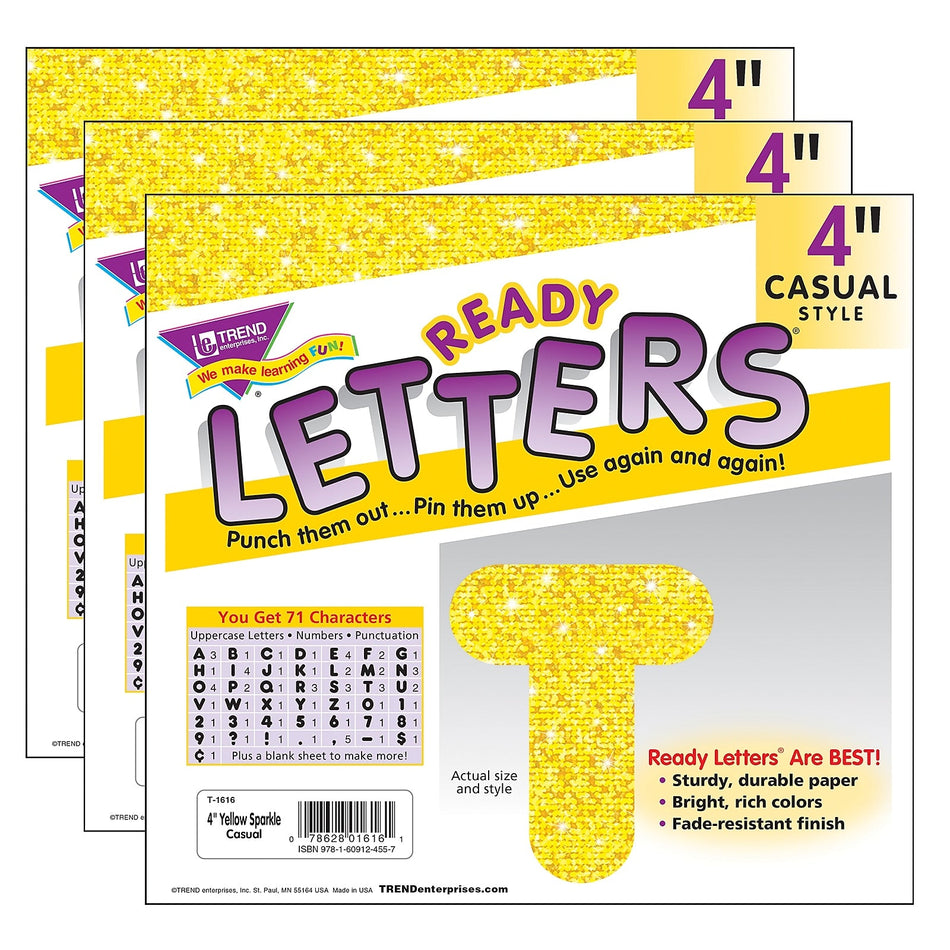 TREND 4" Sparkle Casual Uppercase Ready Letters, Yellow, 71/Pack, 3 Packs