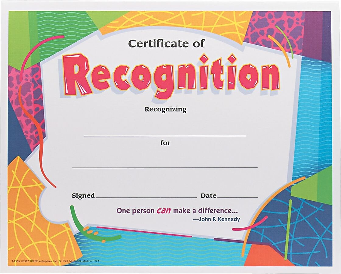 Trend Enterprises© Certificate of Recognition Award, Assorted Colors, 8 1/2