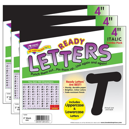 TREND Italic Uppercase/Lowercase Combo Pack  Ready Letters, Black, 193/Pack, 3 Packs