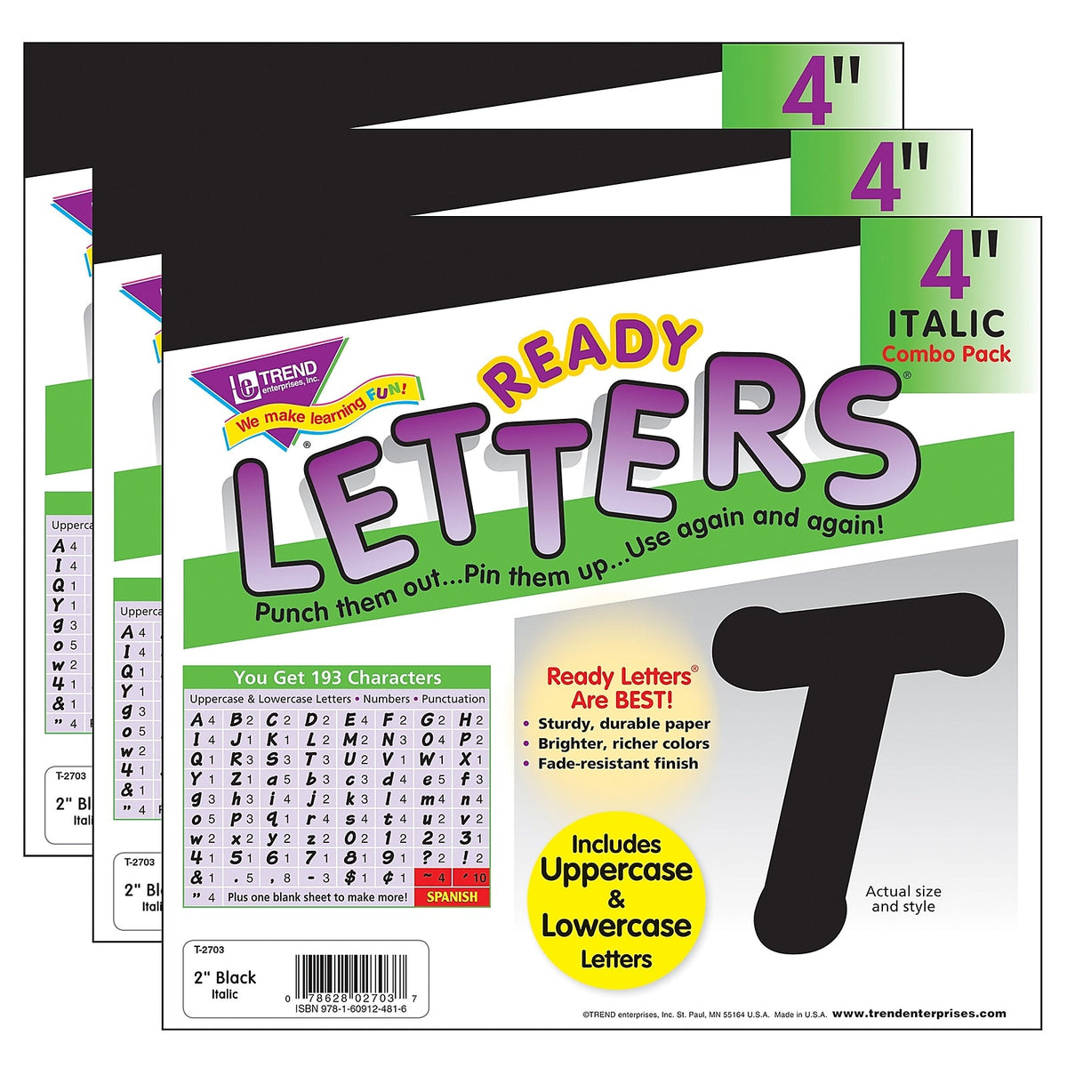 TREND Italic Uppercase/Lowercase Combo Pack  Ready Letters, Black, 193/Pack, 3 Packs