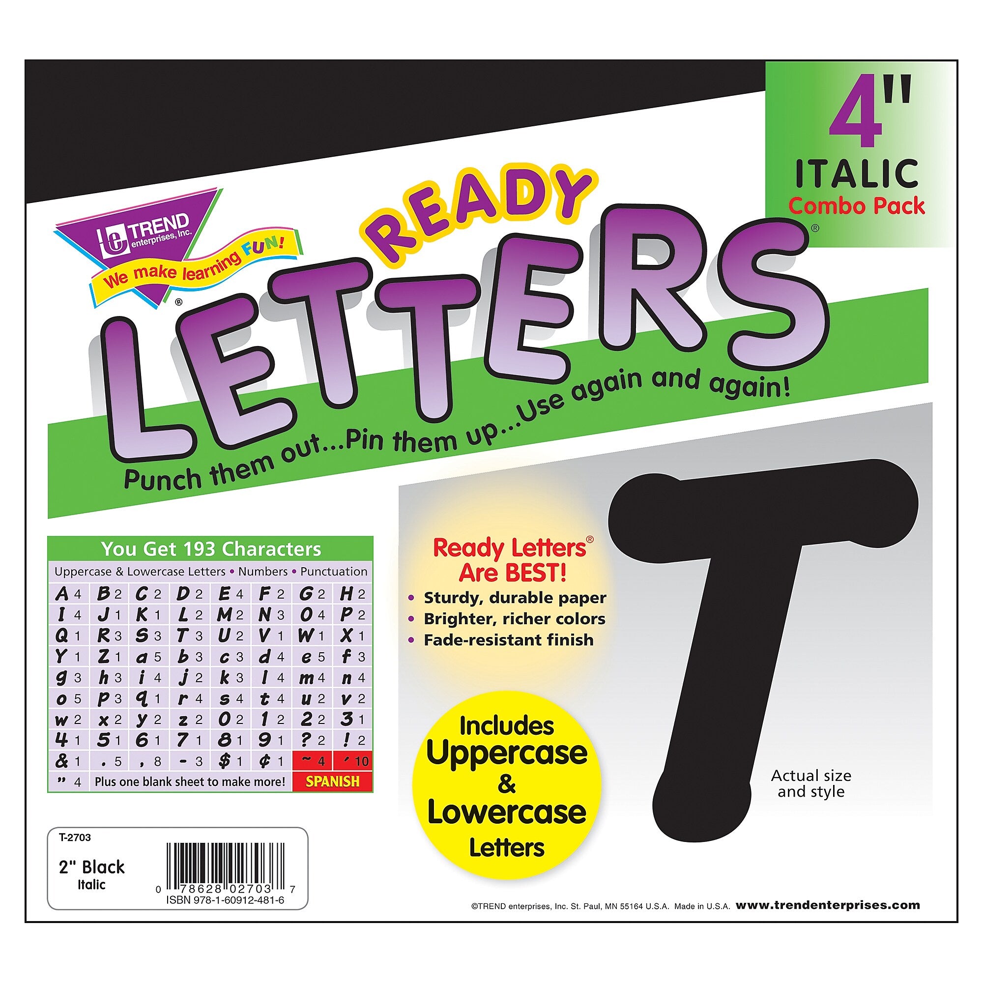 TREND Italic Uppercase/Lowercase Combo Pack  Ready Letters, Black, 193/Pack, 3 Packs