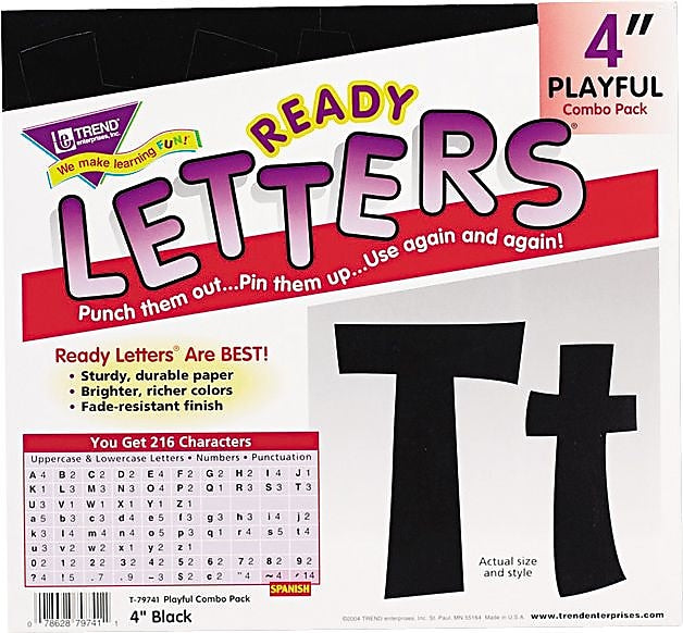 Trend Pin-up Ready Letters, 4", Pre-Punched, Black