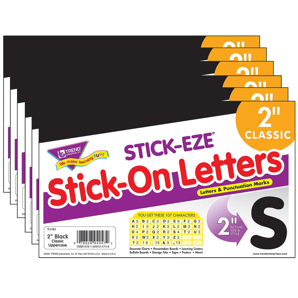 TREND STICK-EZE® 2" Stick-On Letters, Black, 107 Pieces Per Pack, 6 Packs