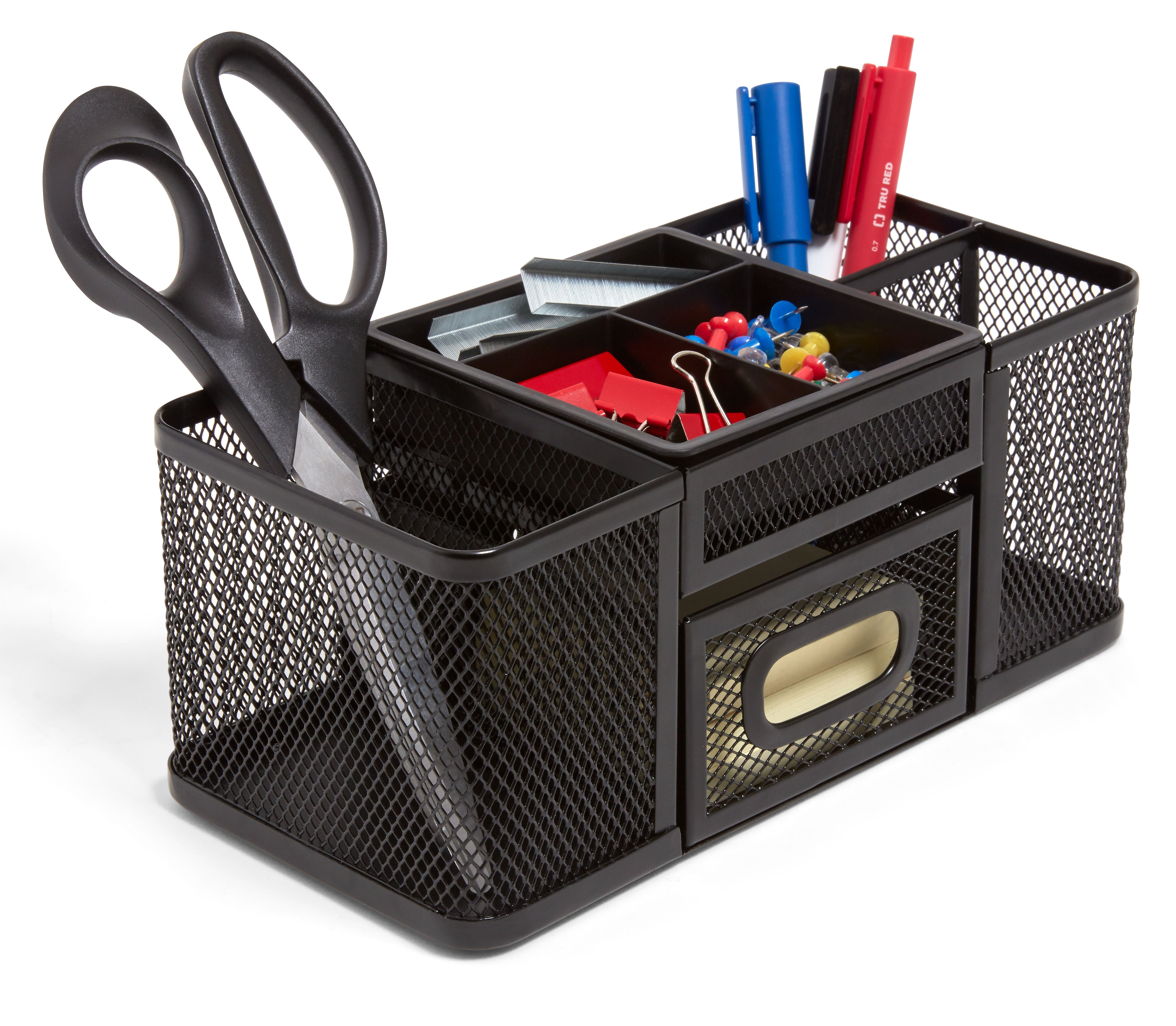 TRU RED™ 7-Compartment Wire Mesh Accessory Holder, Matte Black