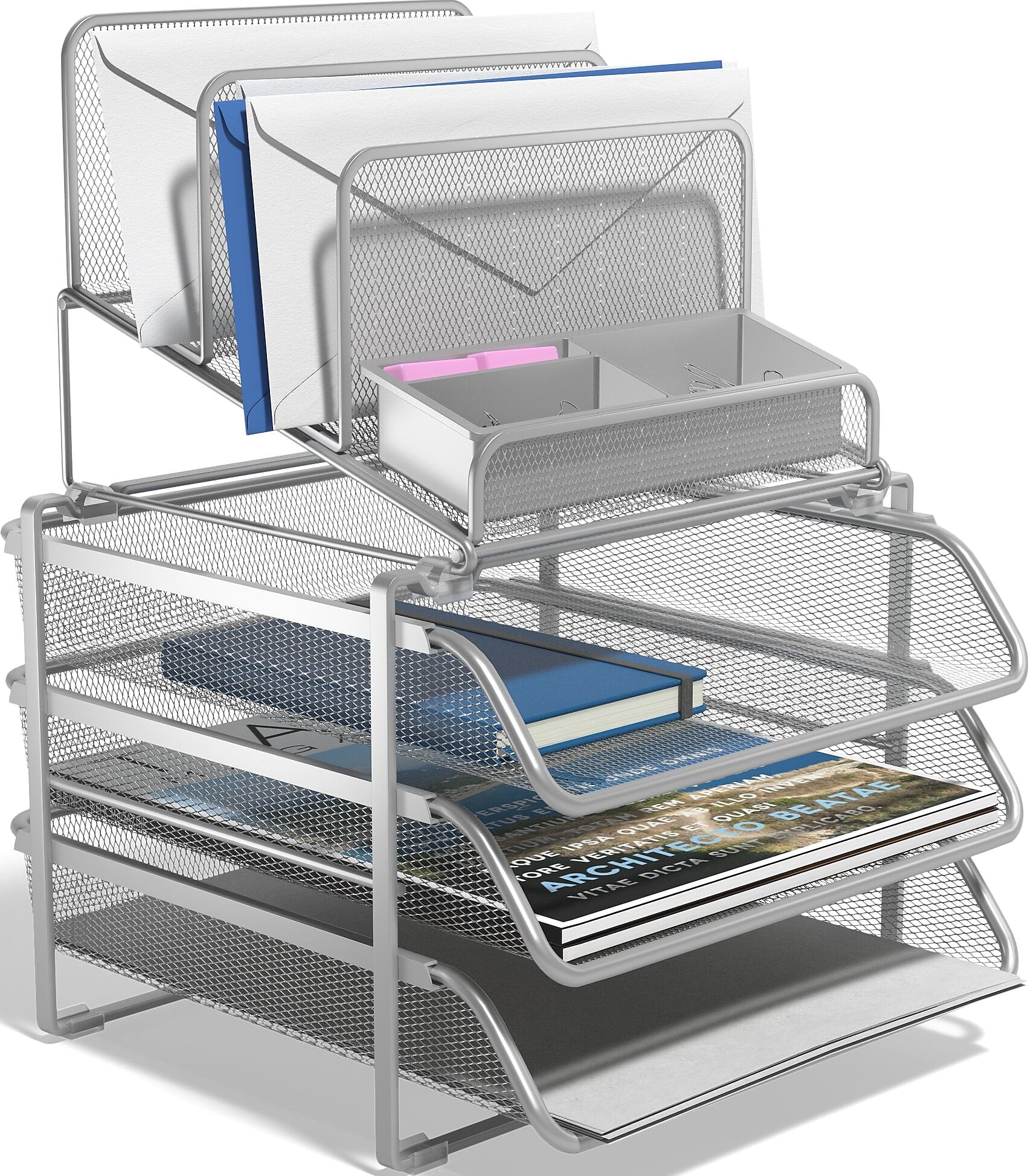 TRU RED™ All-In-One 10-Compartment Wire Mesh Compartment Storage, Silver