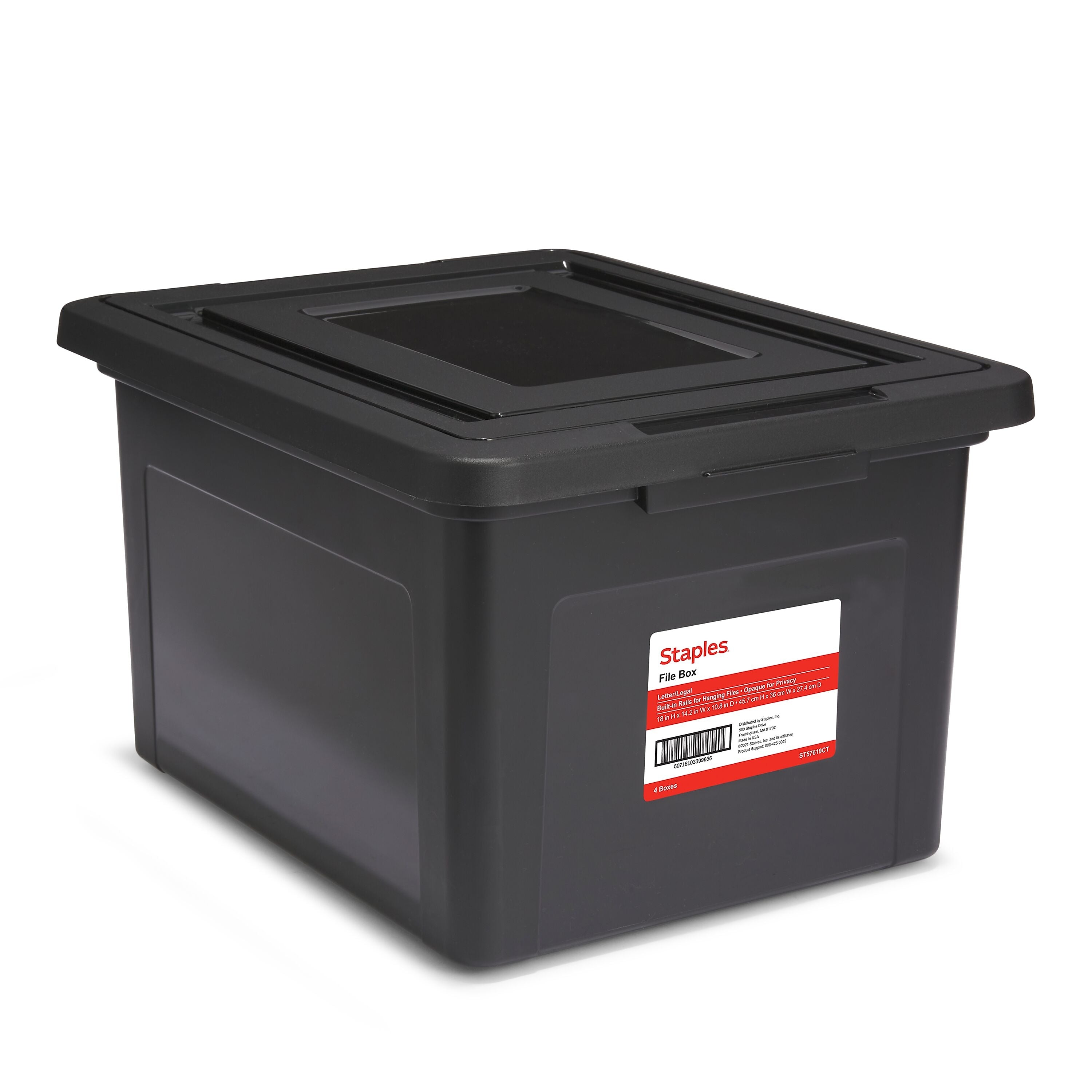 TRU RED™ Hanging File Box, Snap Lid, Letter/Legal Size, Black, 4/Carton