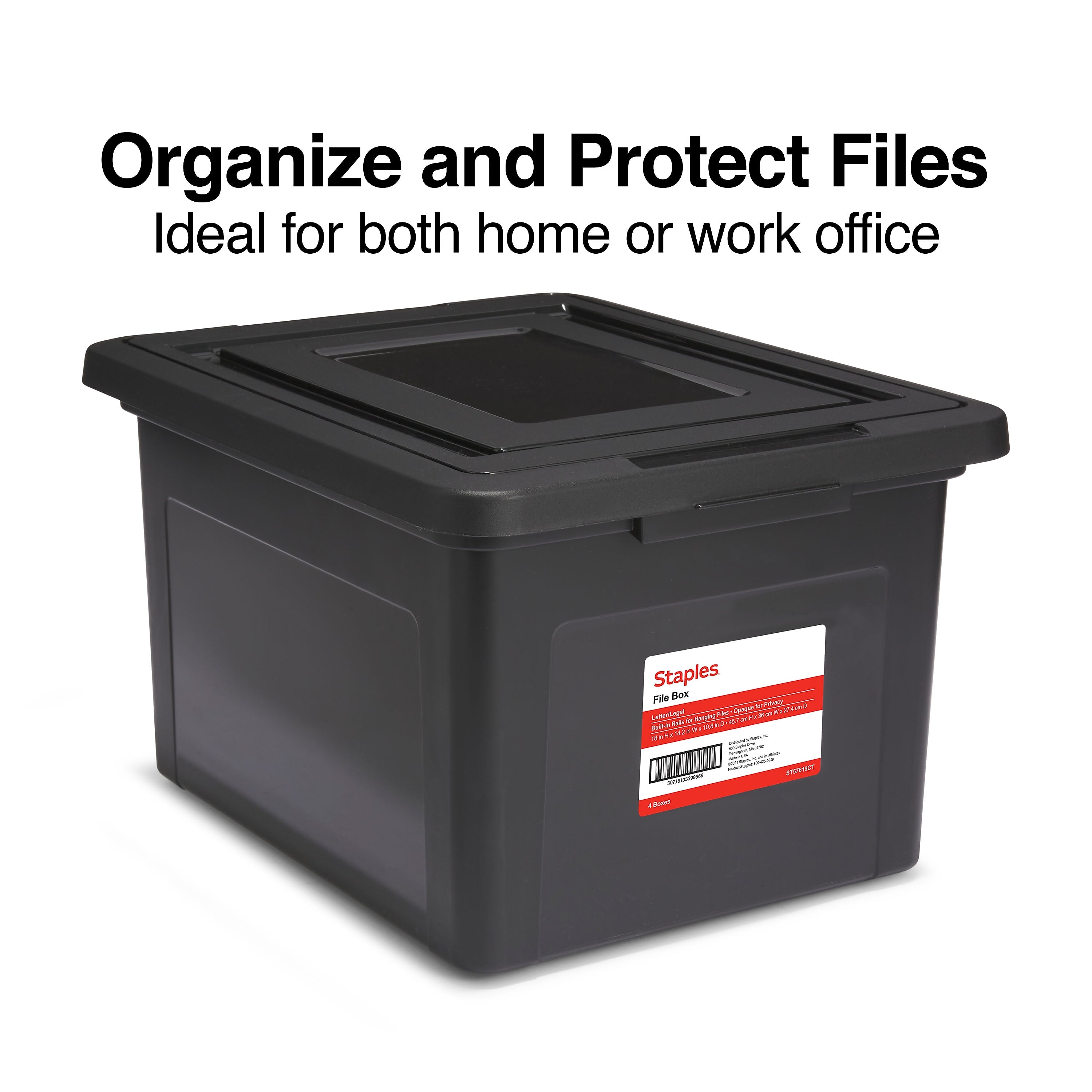 TRU RED™ Hanging File Box, Snap Lid, Letter/Legal Size, Black, 4/Carton