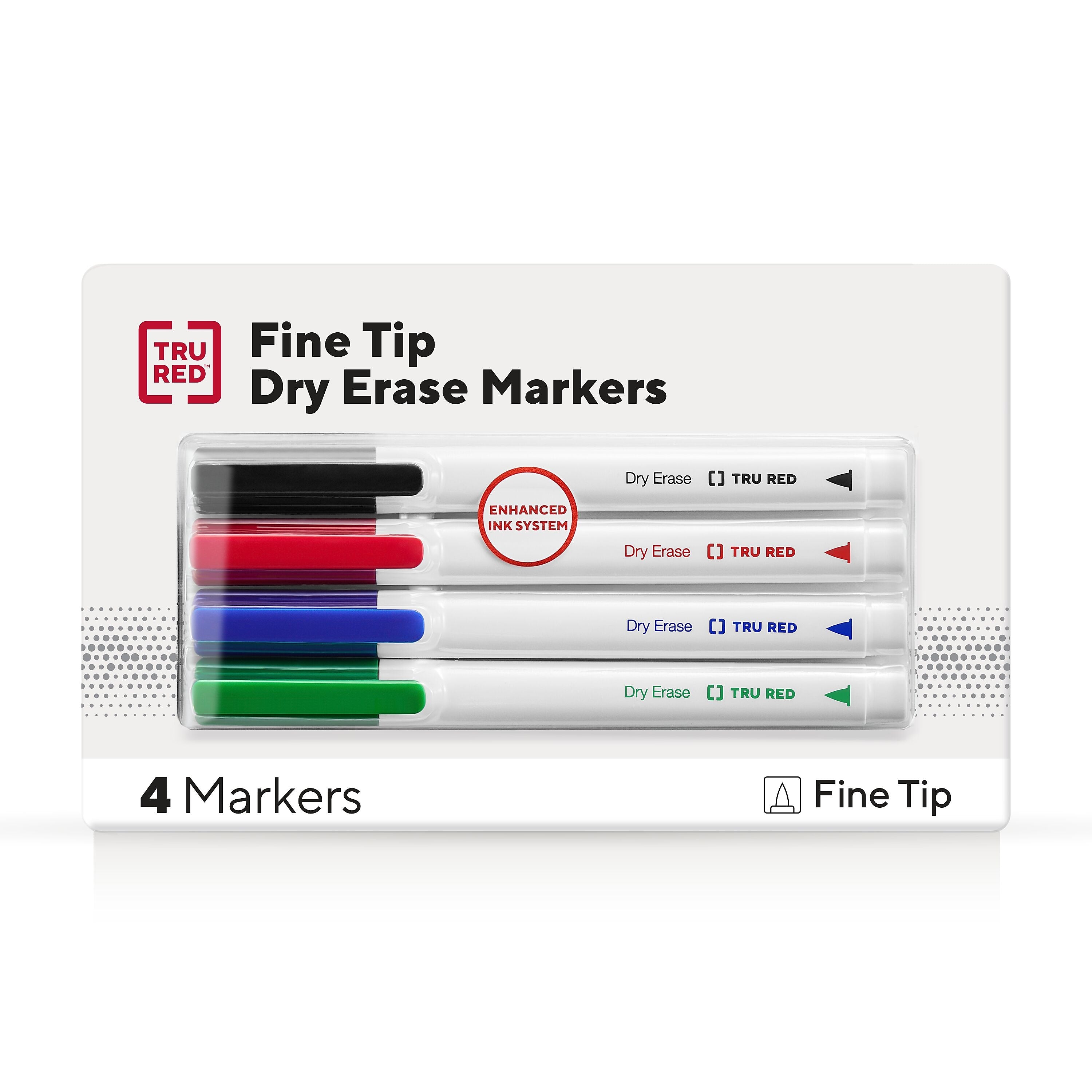 TRU RED™ Pen Dry Erase Markers, Fine Tip, Assorted, 4/Pack