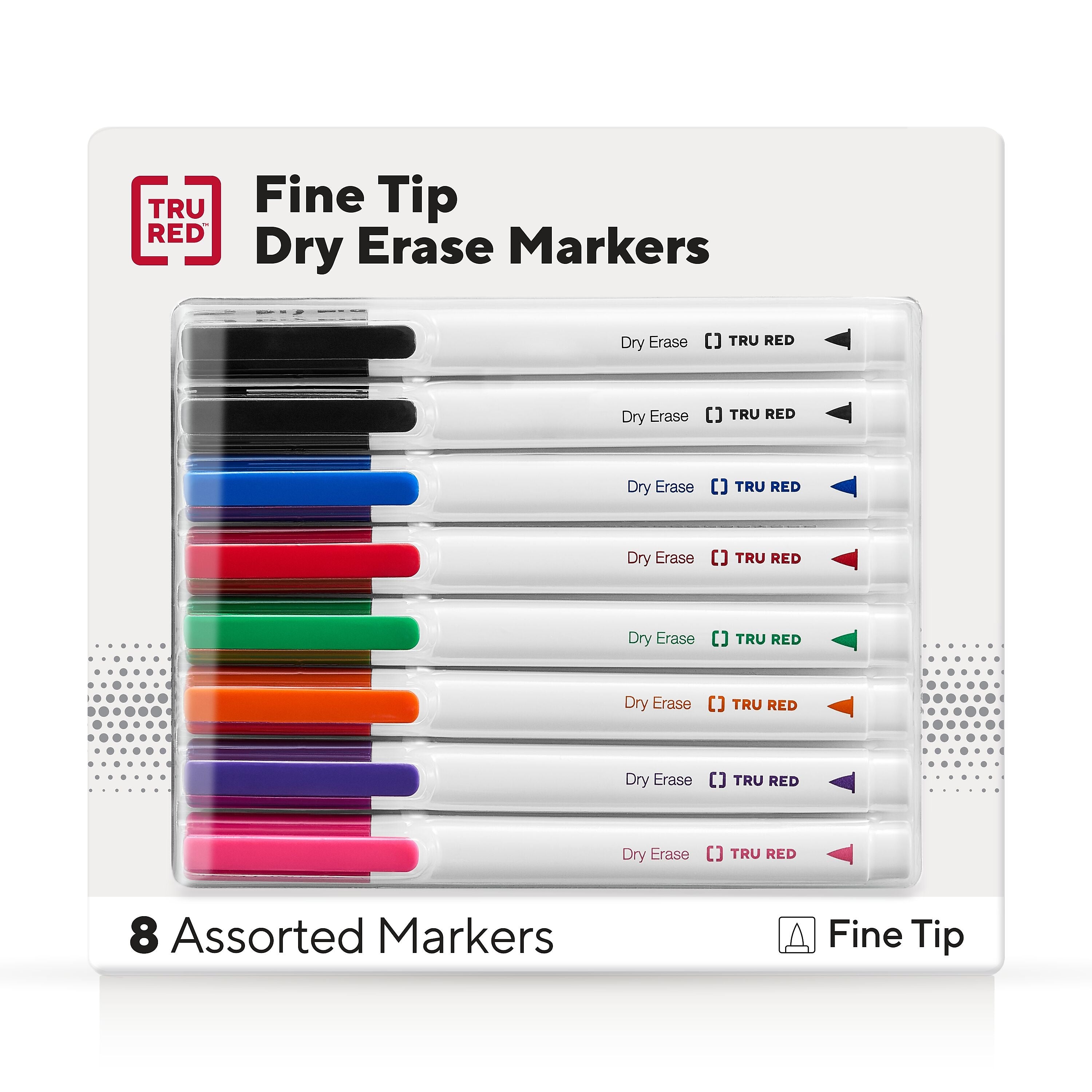TRU RED™ Pen Dry Erase Markers, Fine Tip, Assorted, 8/Pack