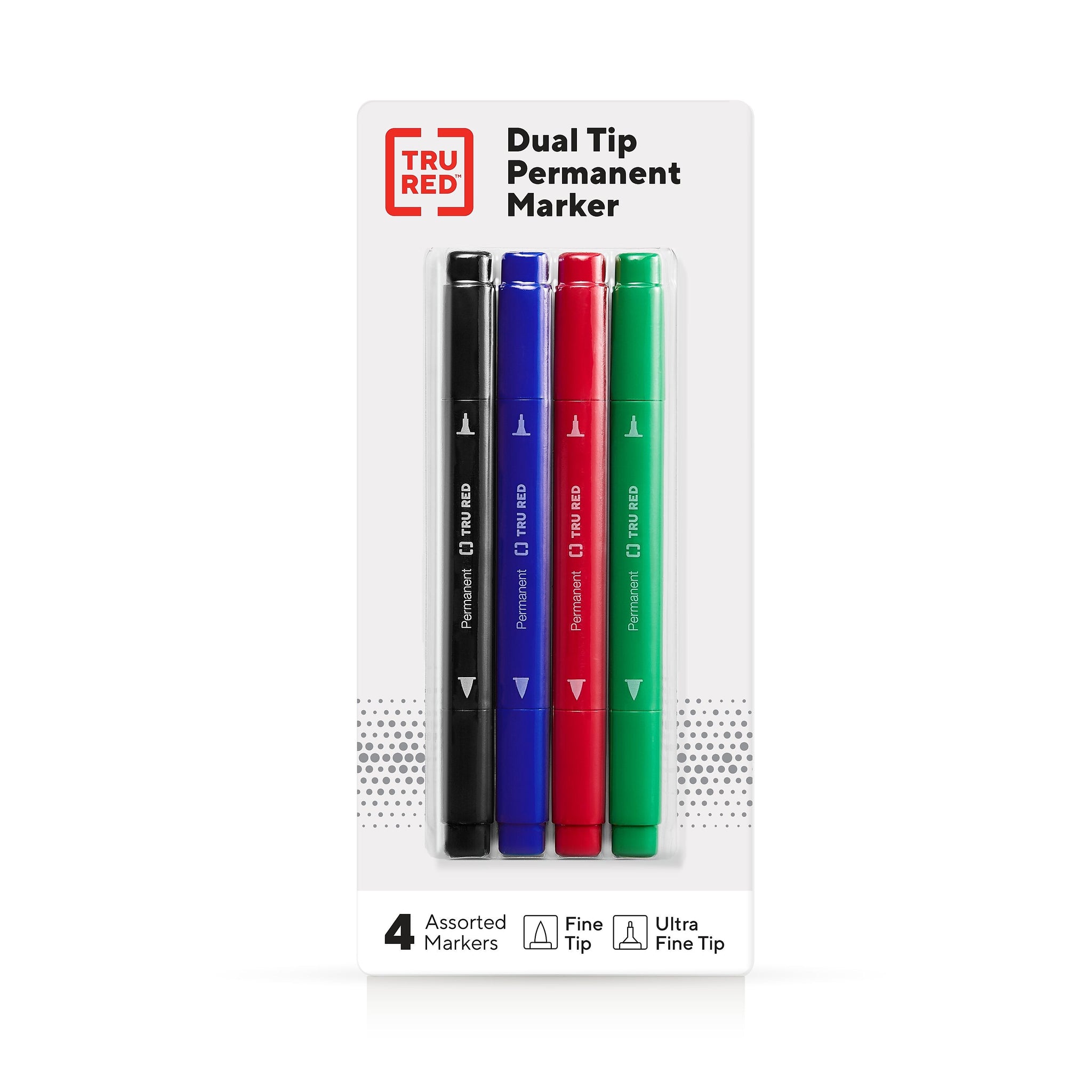 TRU RED™ Pen Permanent Markers, Twin Tip, Assorted, 4/Pack