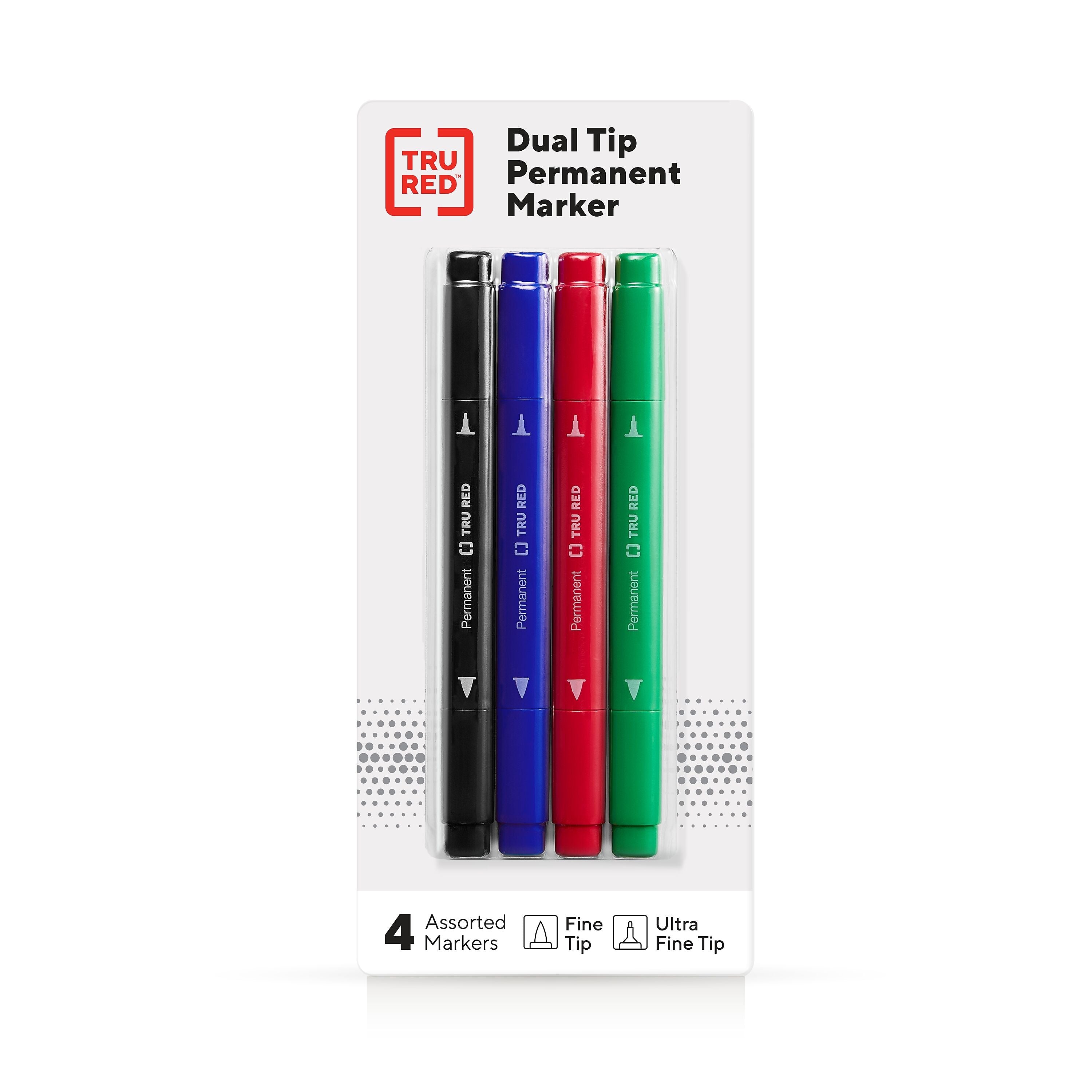 TRU RED™ Pen Permanent Markers, Twin Tip, Assorted, 4/Pack