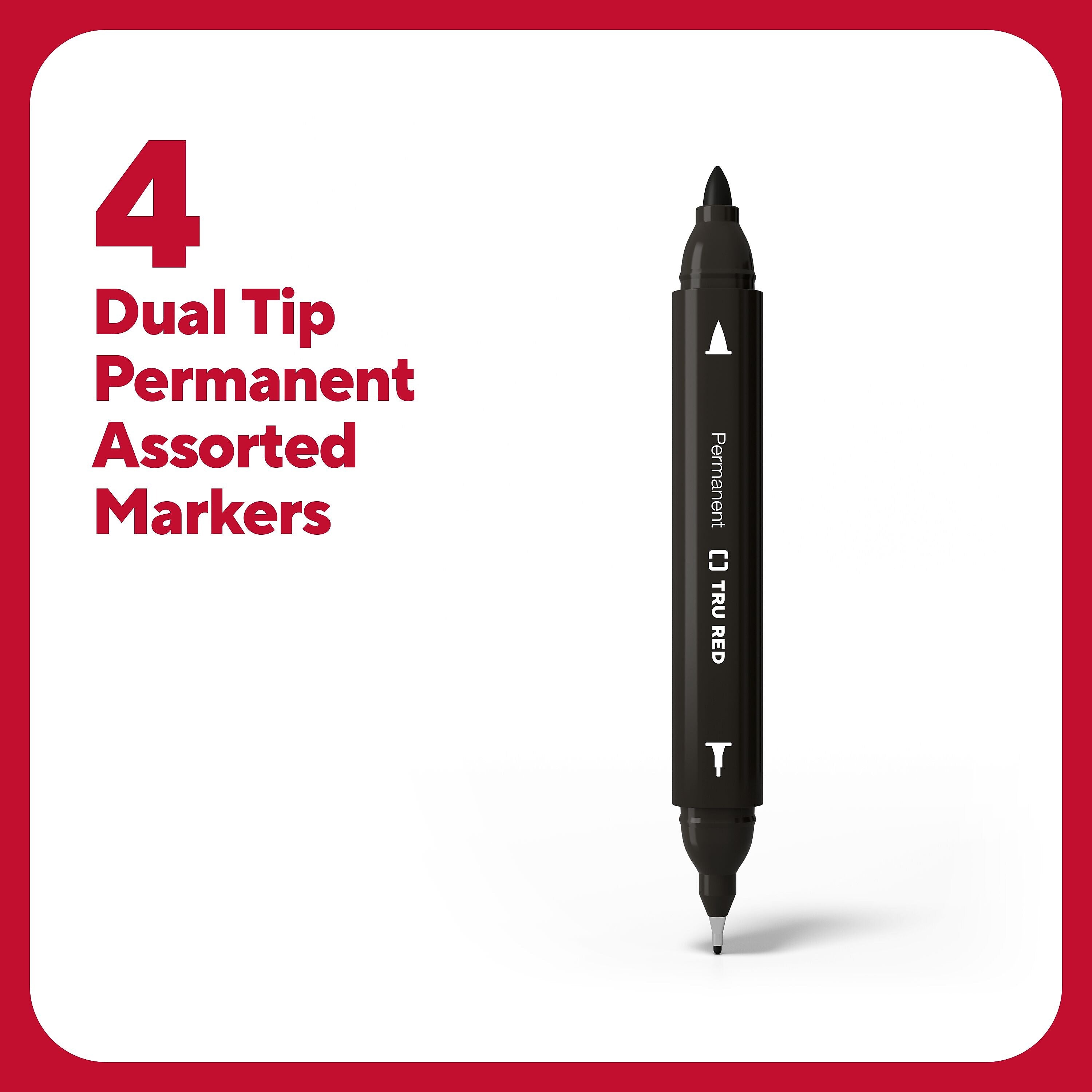 TRU RED™ Pen Permanent Markers, Twin Tip, Assorted, 4/Pack