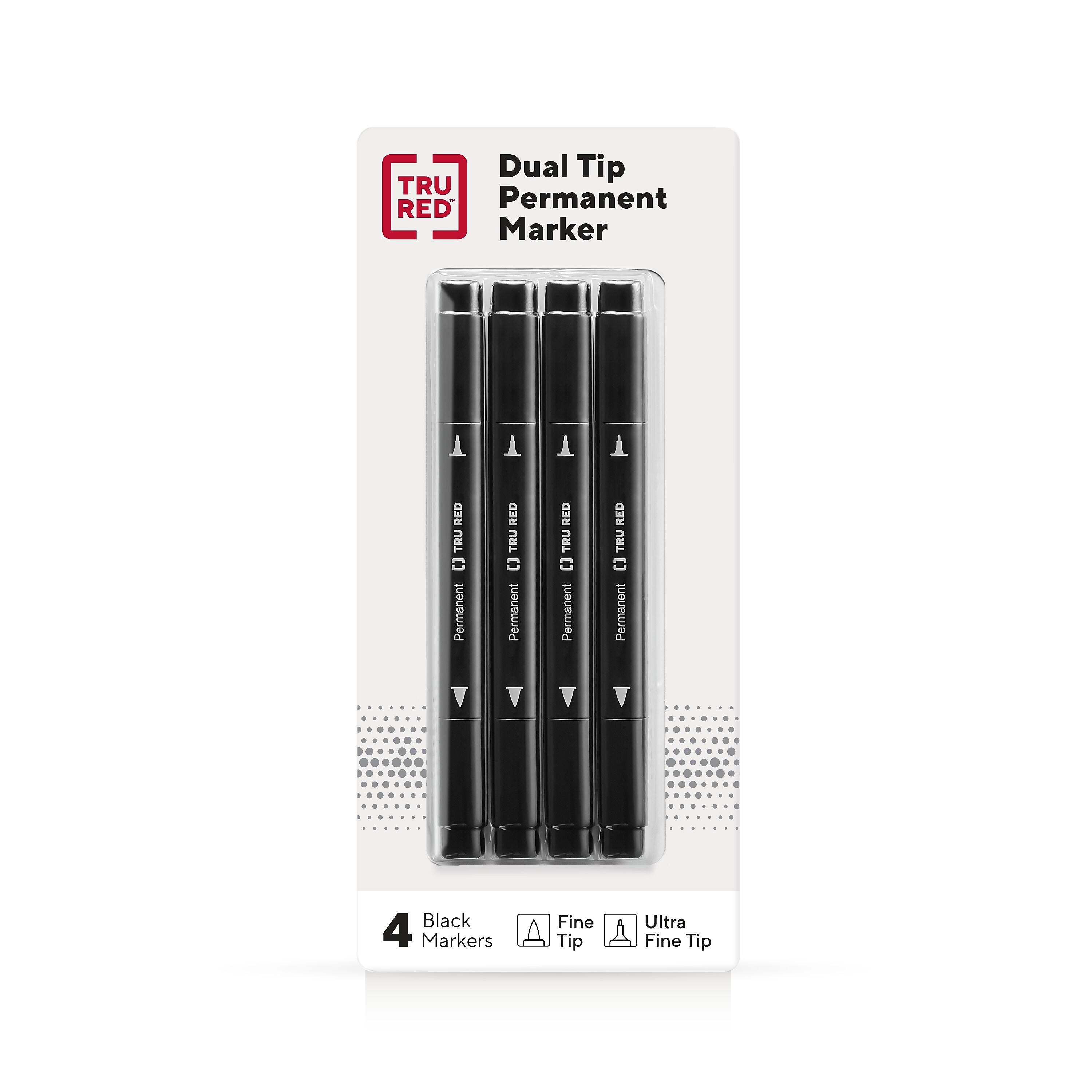 TRU RED™ Pen Permanent Markers, Twin Tip, Black, 4/Pack