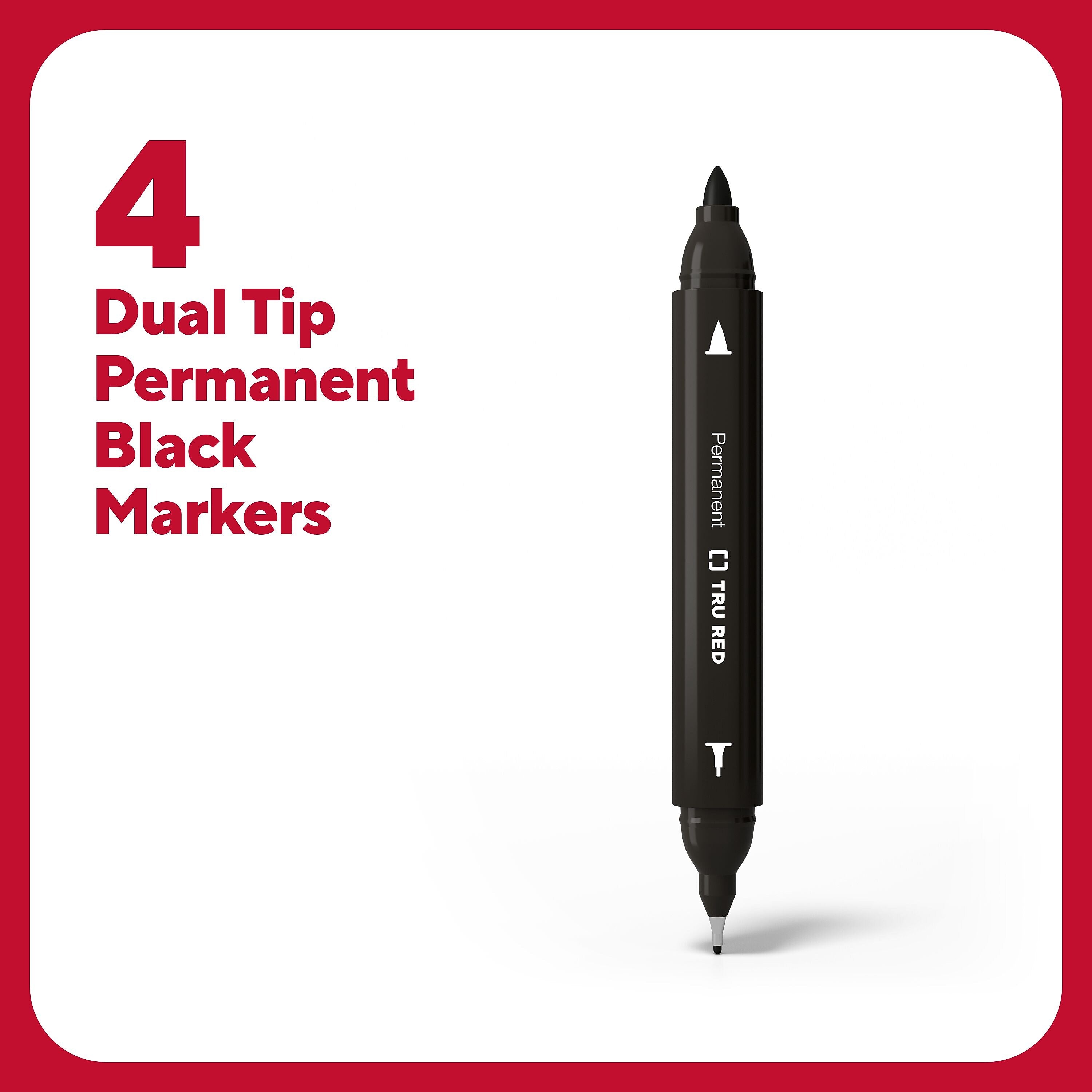 TRU RED™ Pen Permanent Markers, Twin Tip, Black, 4/Pack