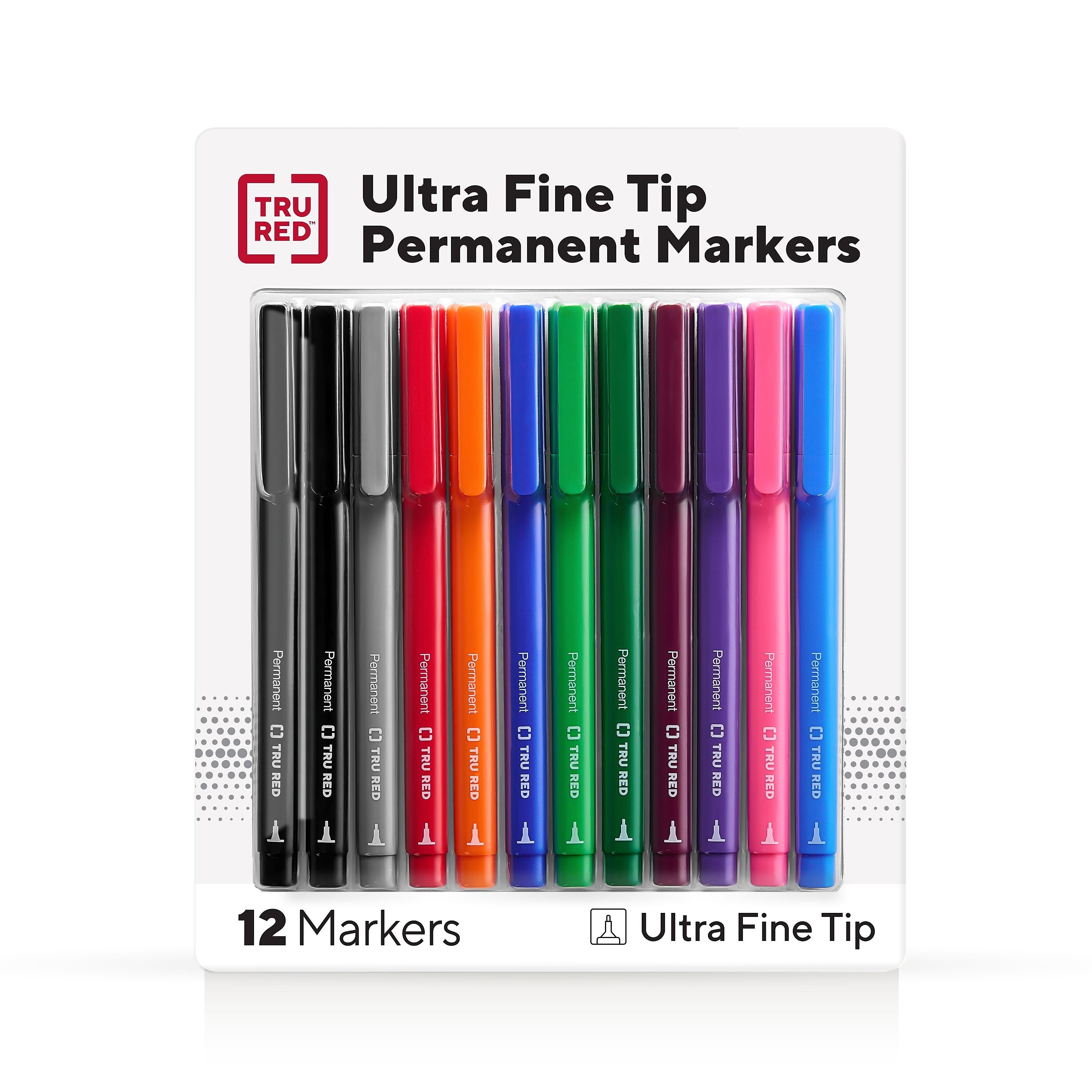 TRU RED™ Pen Permanent Markers, Ultra Fine Tip, Assorted, 12/Pack