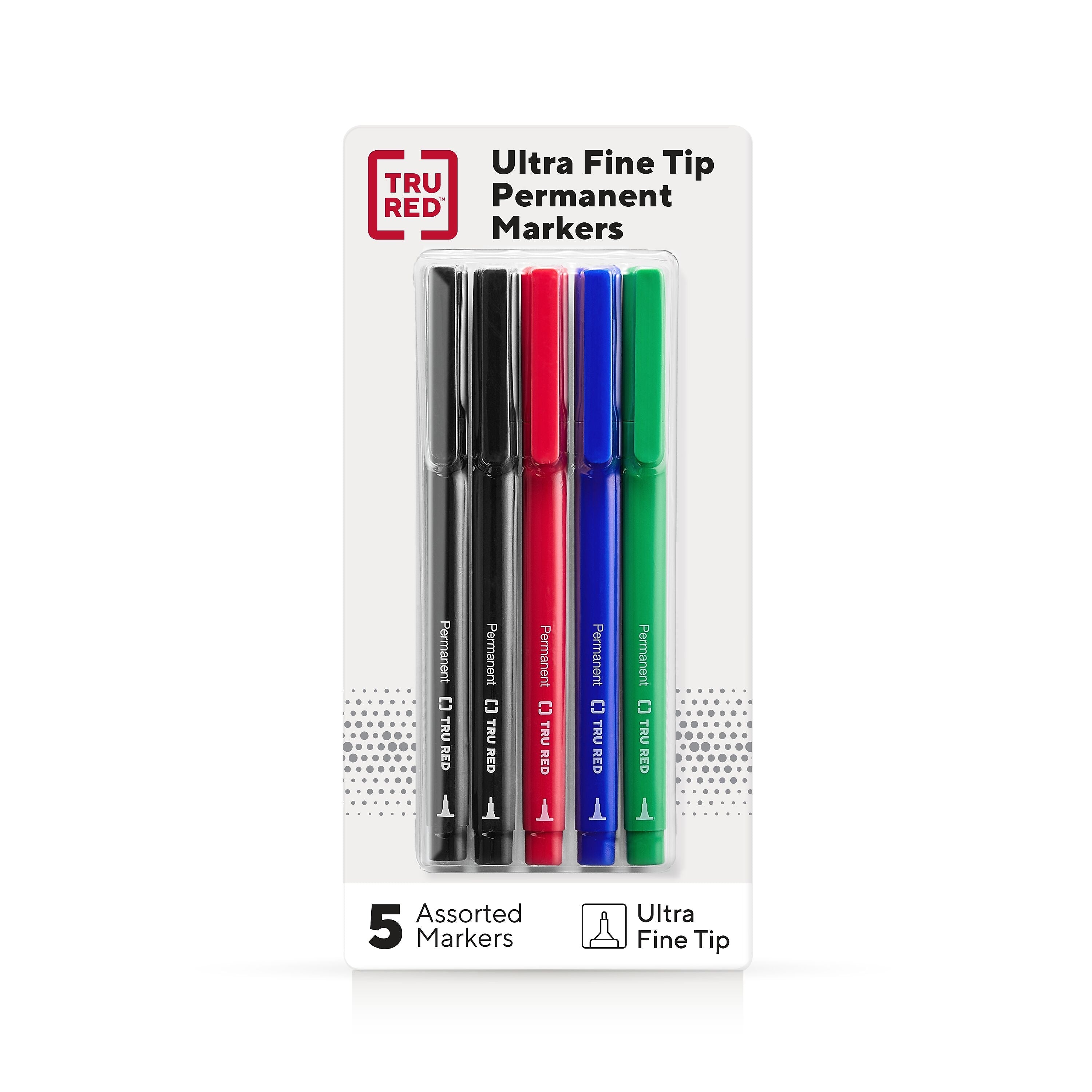 TRU RED™ Pen Permanent Markers, Ultra Fine Tip, Assorted, 5/Pack