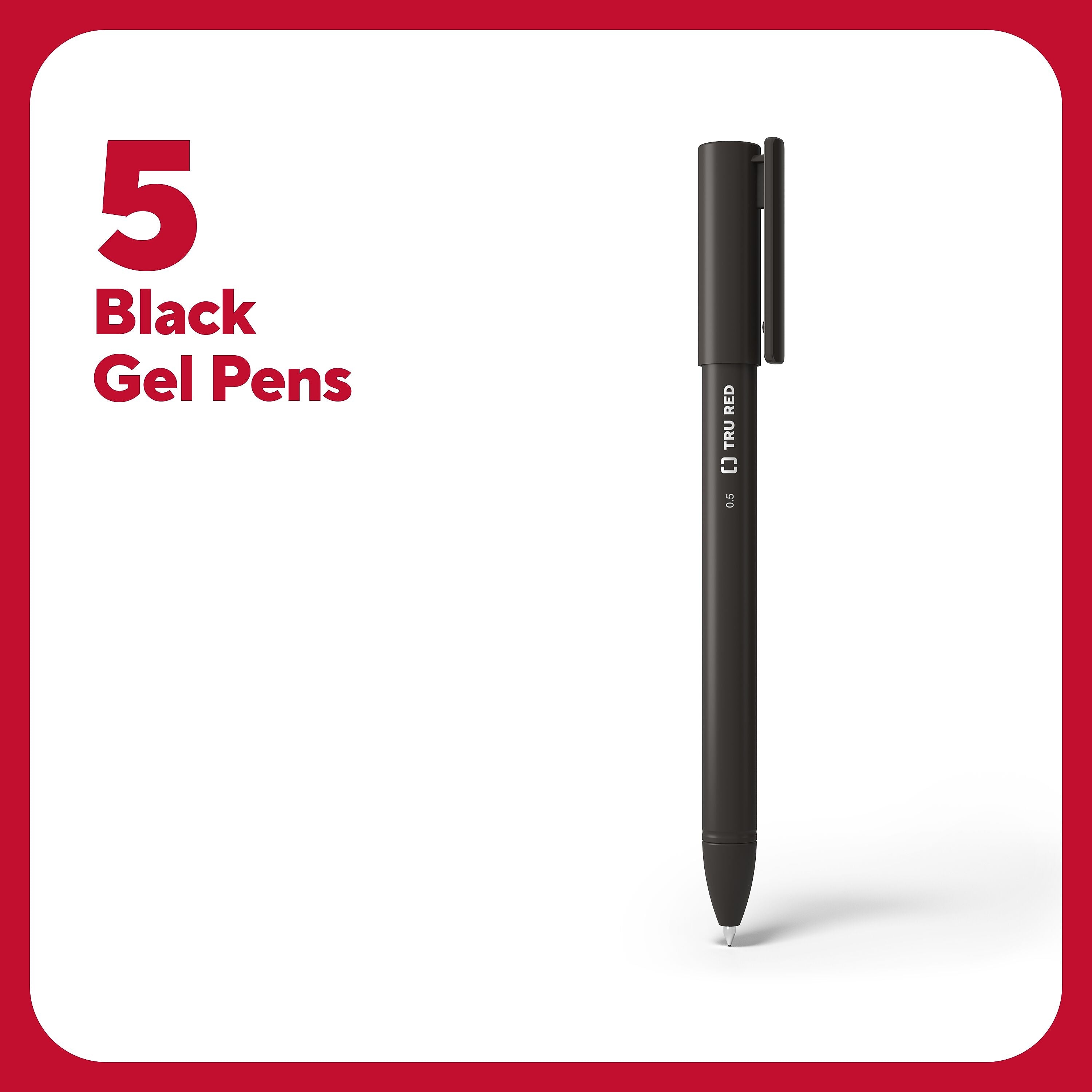 TRU RED™ Quick Dry Gel Pens, Fine Point, 0.5mm, Black, 5/Pack