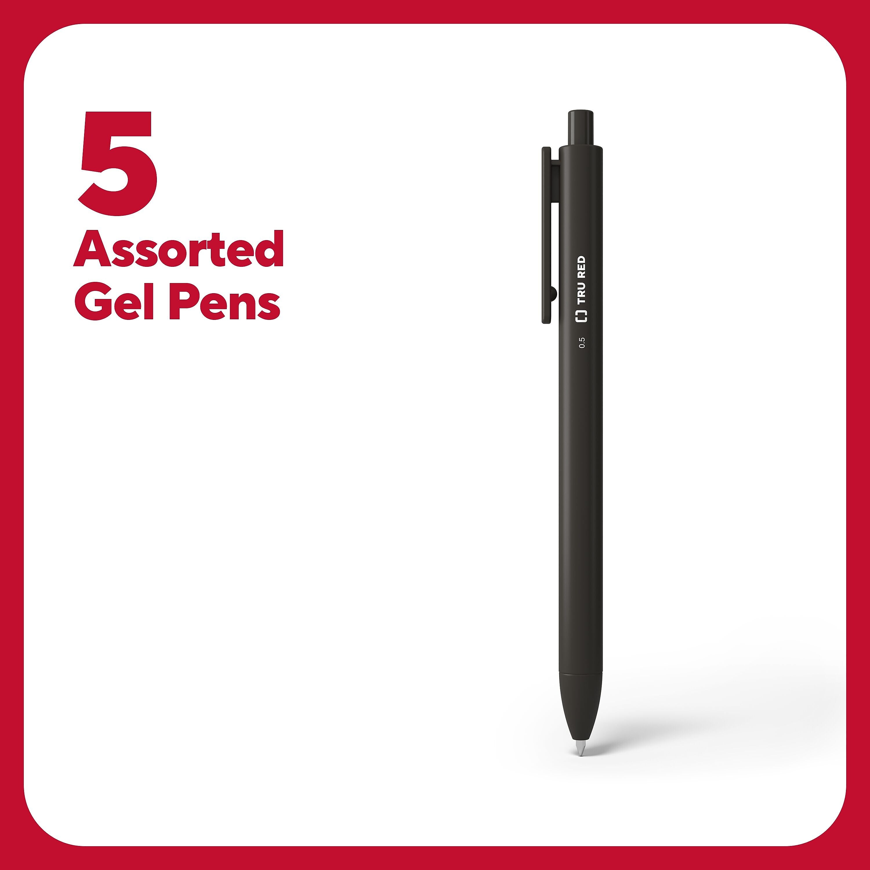 TRU RED™ Retractable Quick Dry Gel Pens, Fine Point, 0.5mm, Assorted, 5/Pack