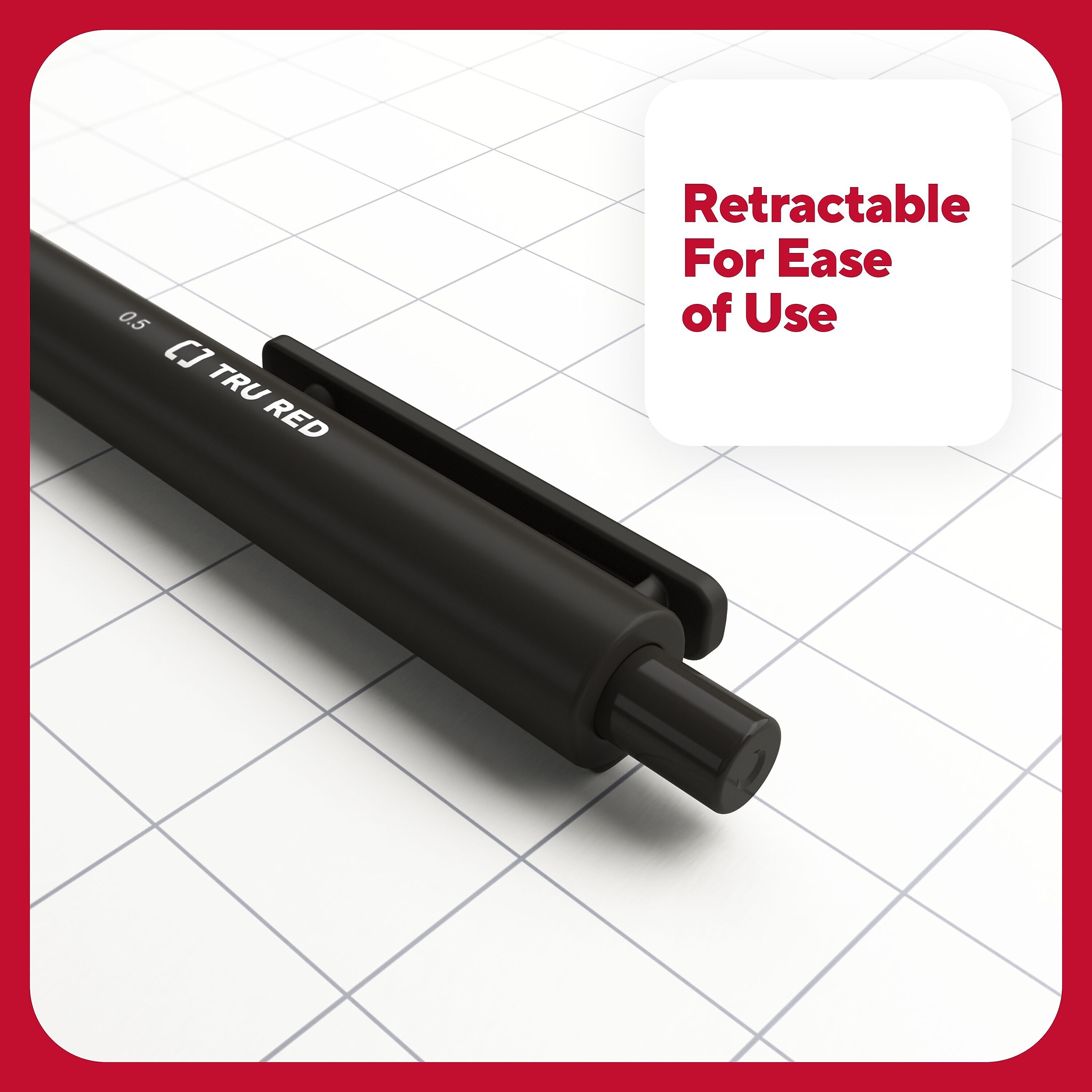 TRU RED™ Retractable Quick Dry Gel Pens, Fine Point, 0.5mm, Black, 5/Pack