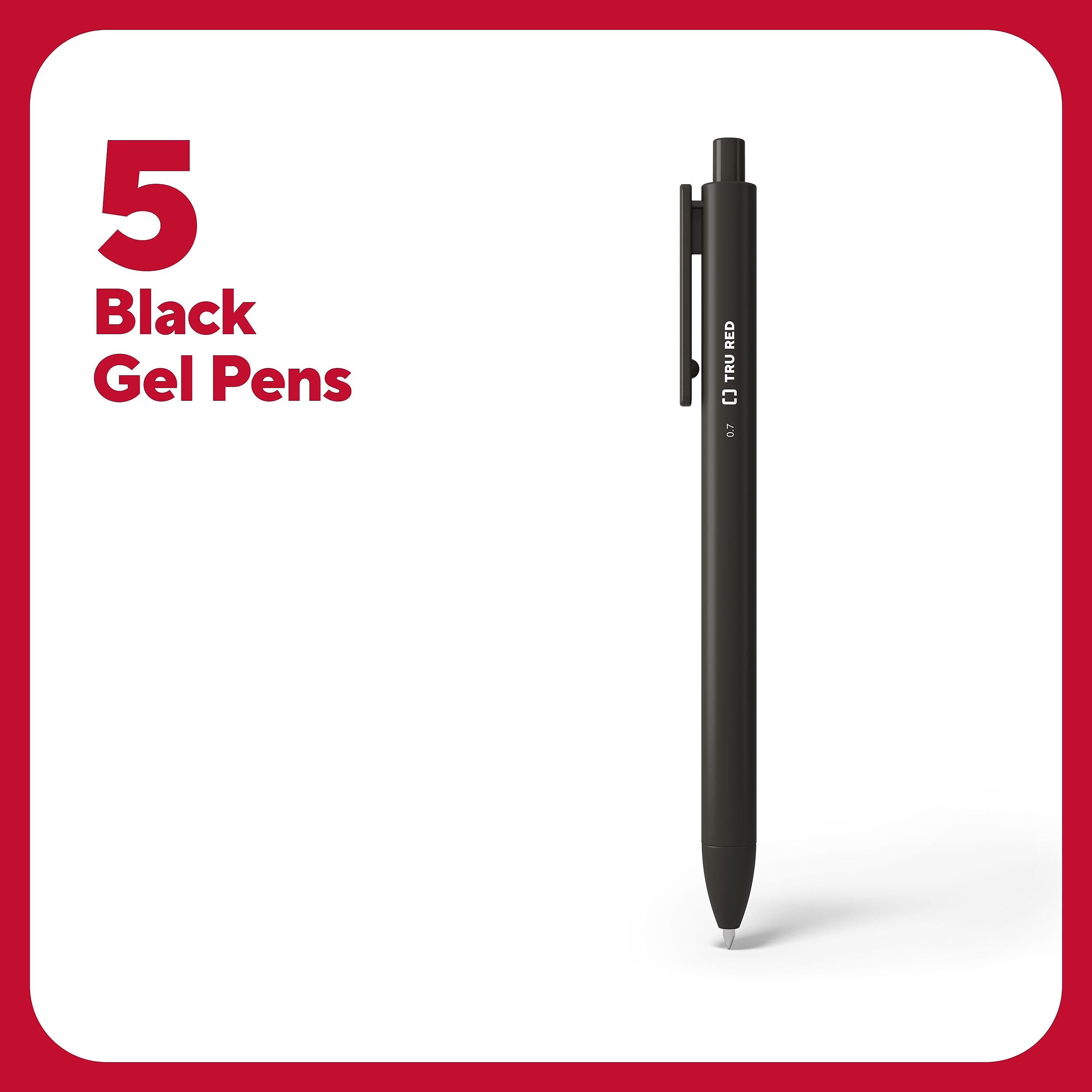 TRU RED™ Retractable Quick Dry Gel Pens, Medium Point, 0.7mm, Black, 5/Pack
