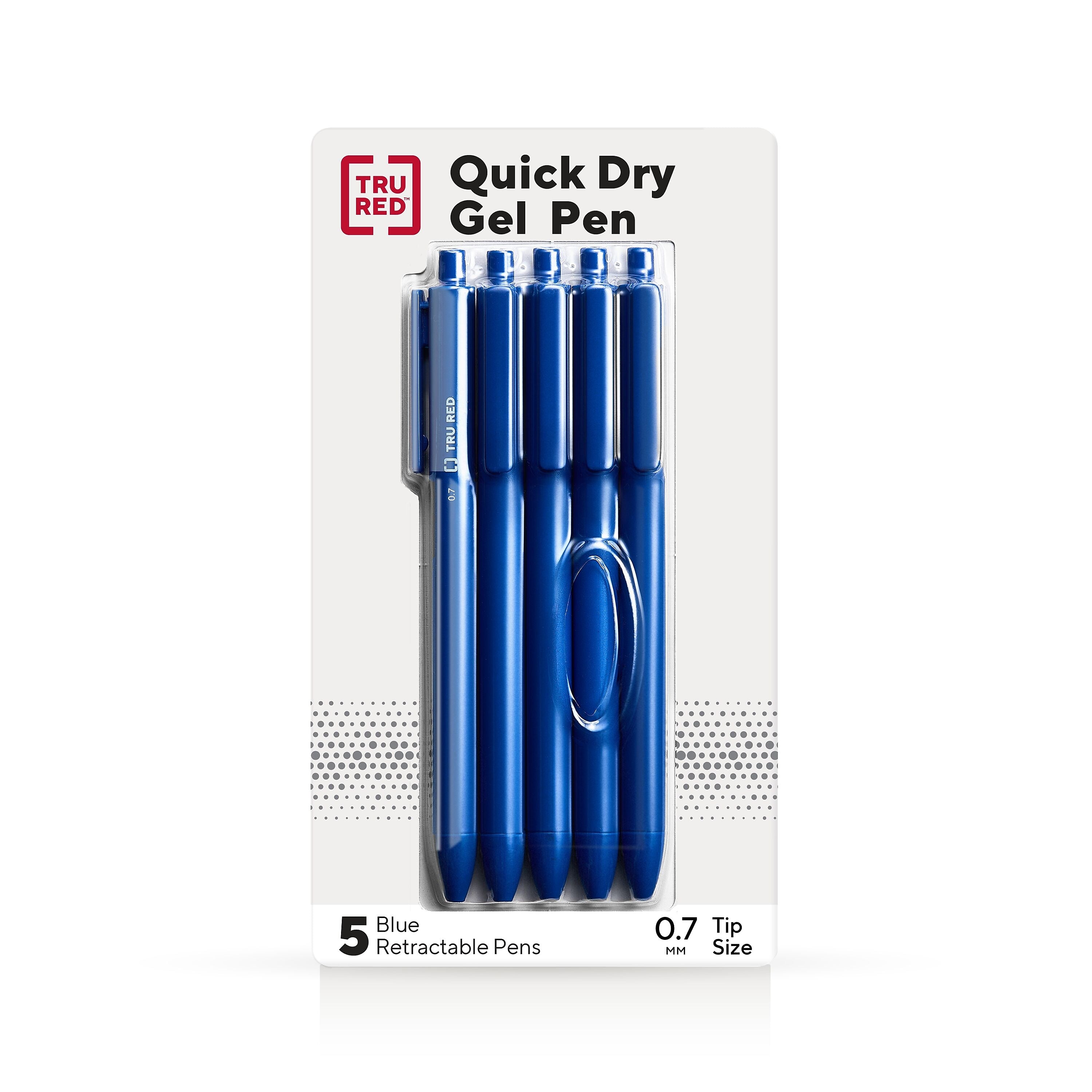 TRU RED™ Retractable Quick Dry Gel Pens, Medium Point, 0.7mm, Blue, 5/Pack