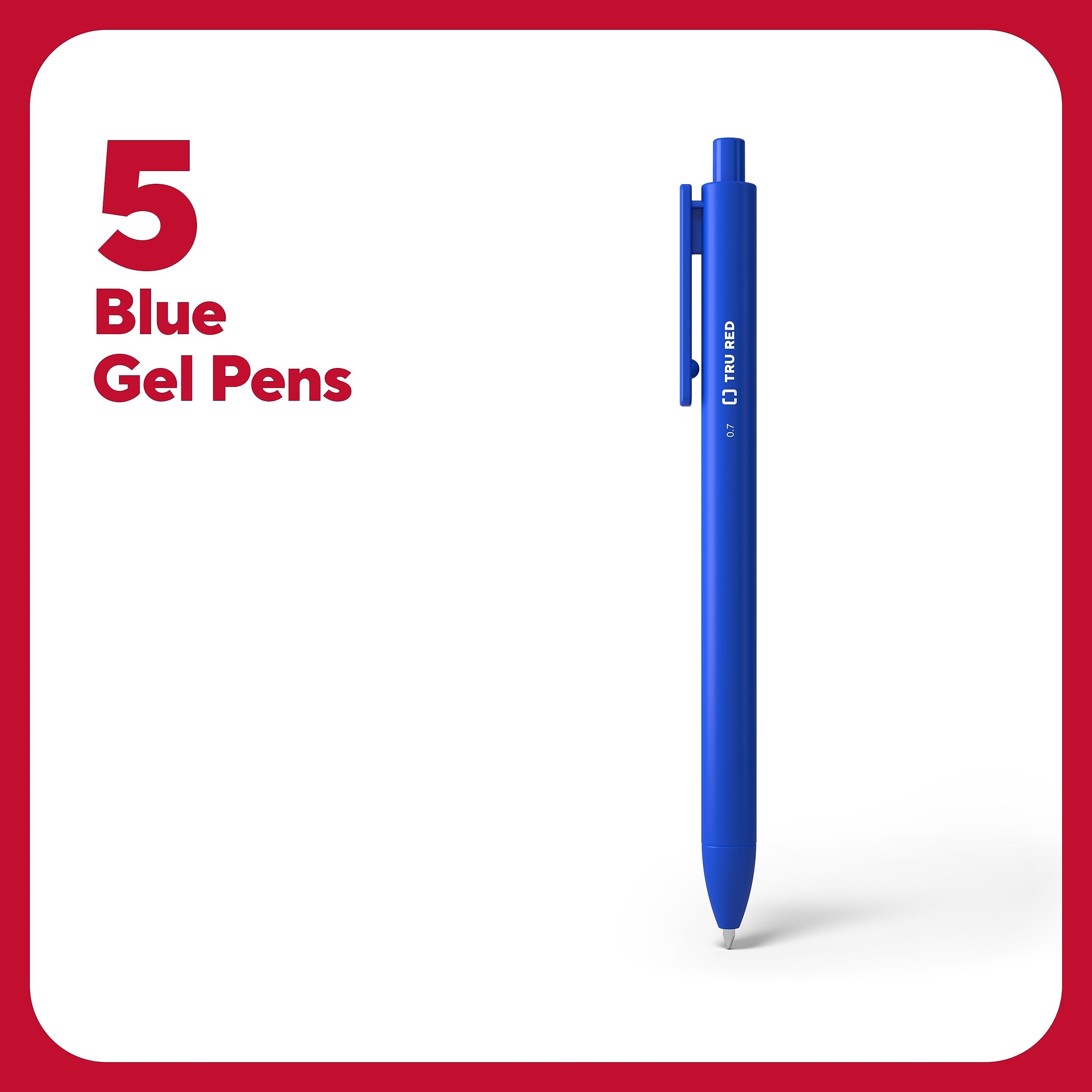 TRU RED™ Retractable Quick Dry Gel Pens, Medium Point, 0.7mm, Blue, 5/Pack