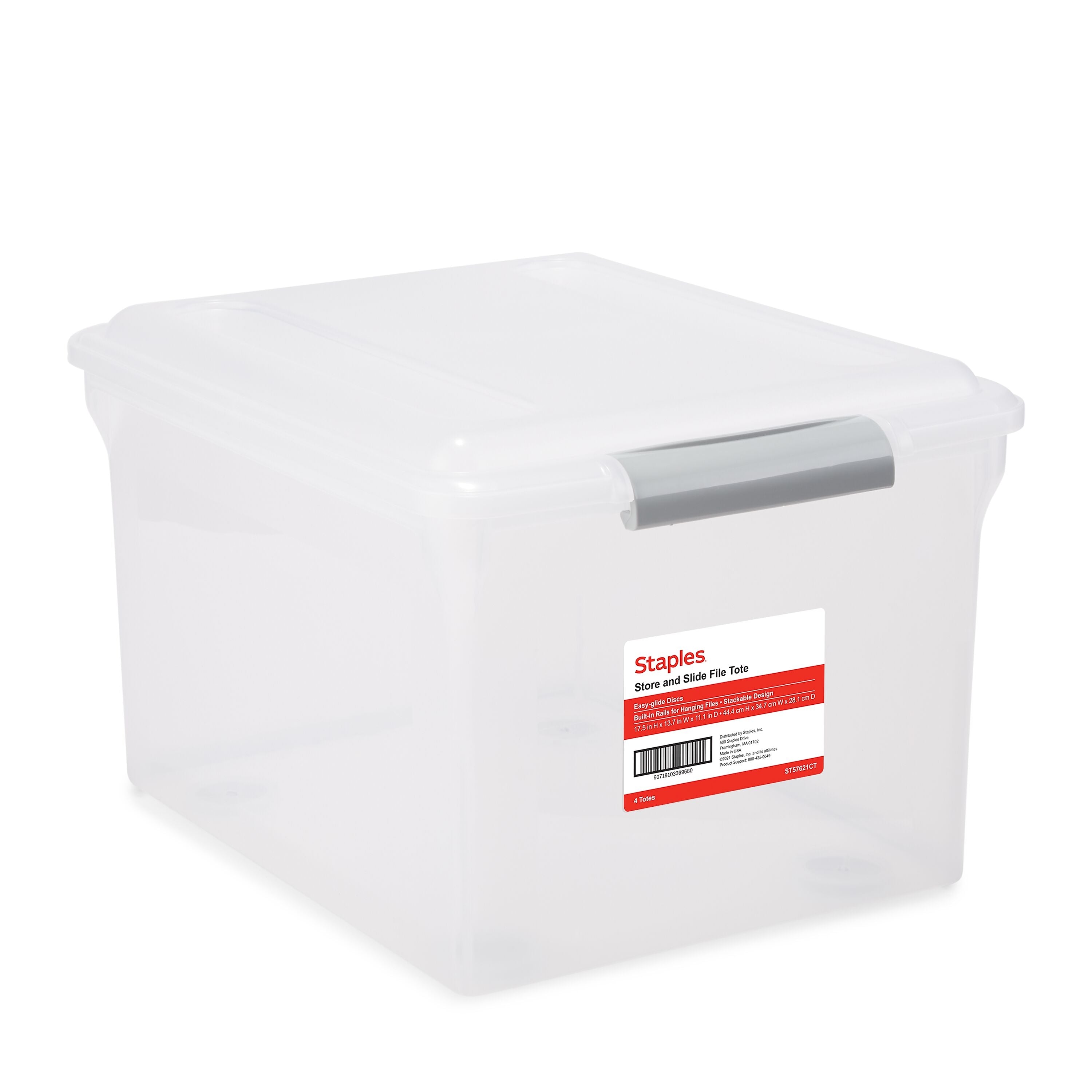 TRU RED™ Store & Slide Hanging File Box, Latch Lid, Letter/Legal Size, Clear, 4/Carton