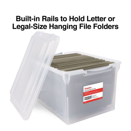 TRU RED™ Store & Slide Hanging File Box, Latch Lid, Letter/Legal Size, Clear, 4/Carton