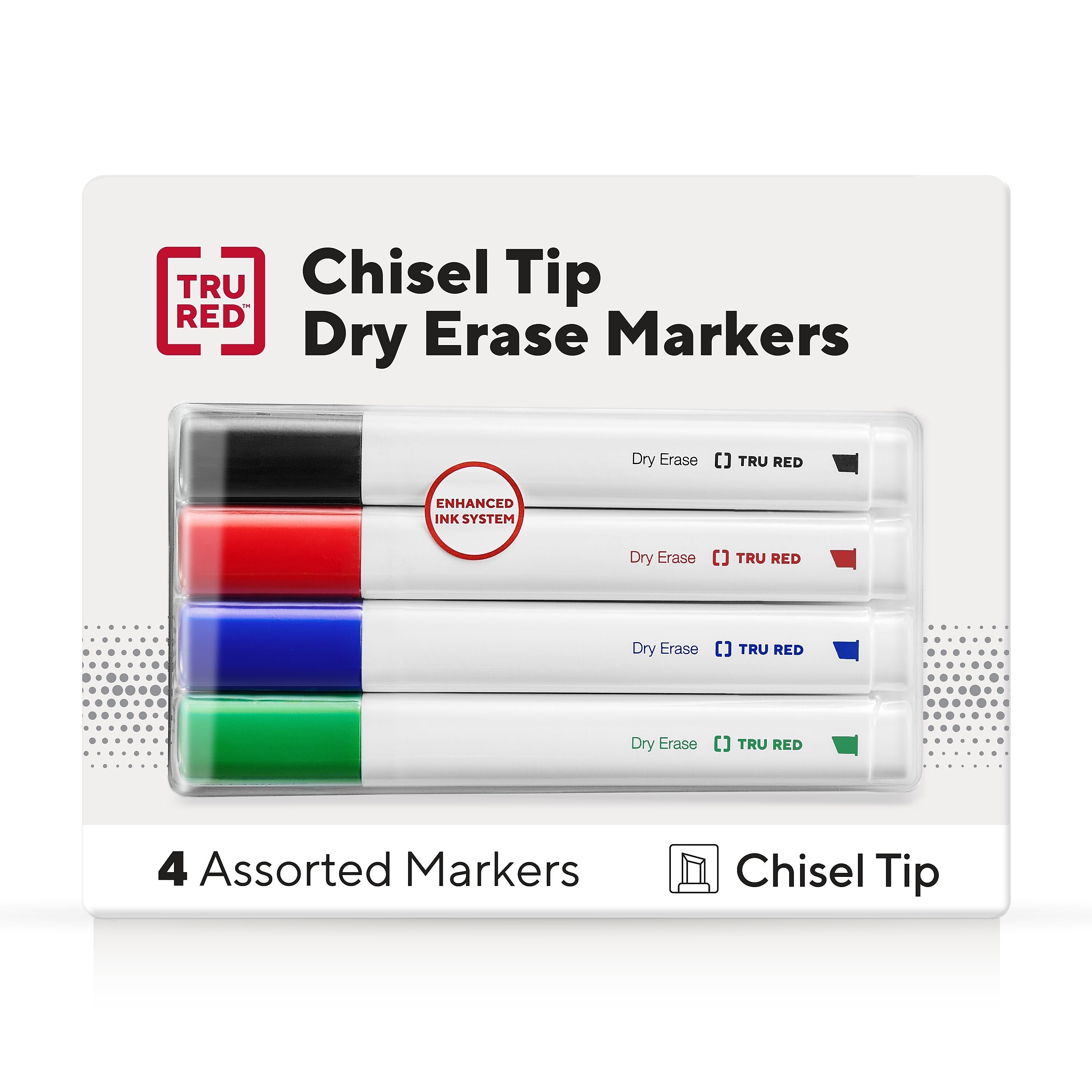 TRU RED™ Tank Dry Erase Markers, Chisel Tip, Assorted, 4/Pack