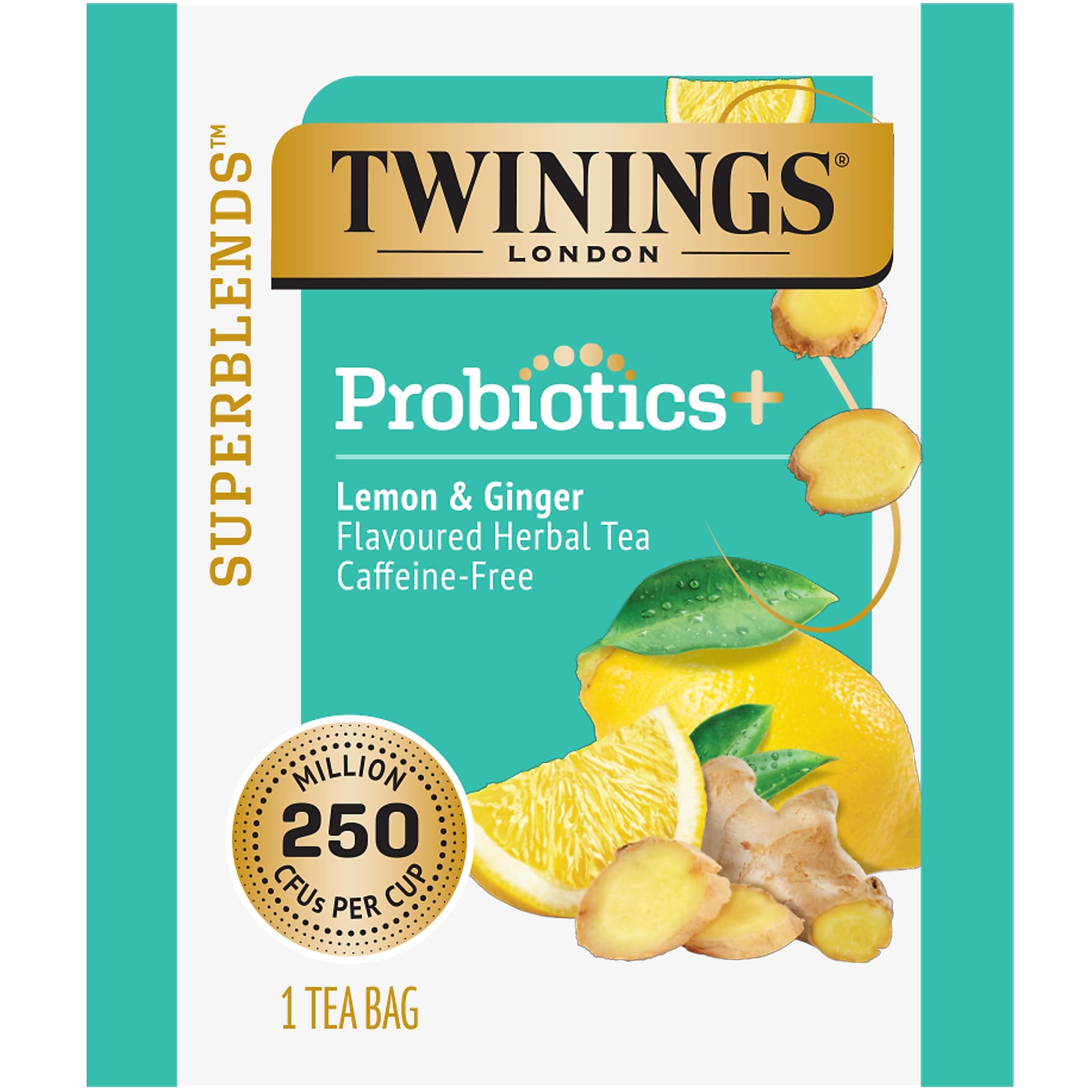 Twinings Probiotics Lemon and Ginger Herbal Tea Bags, 18/Box