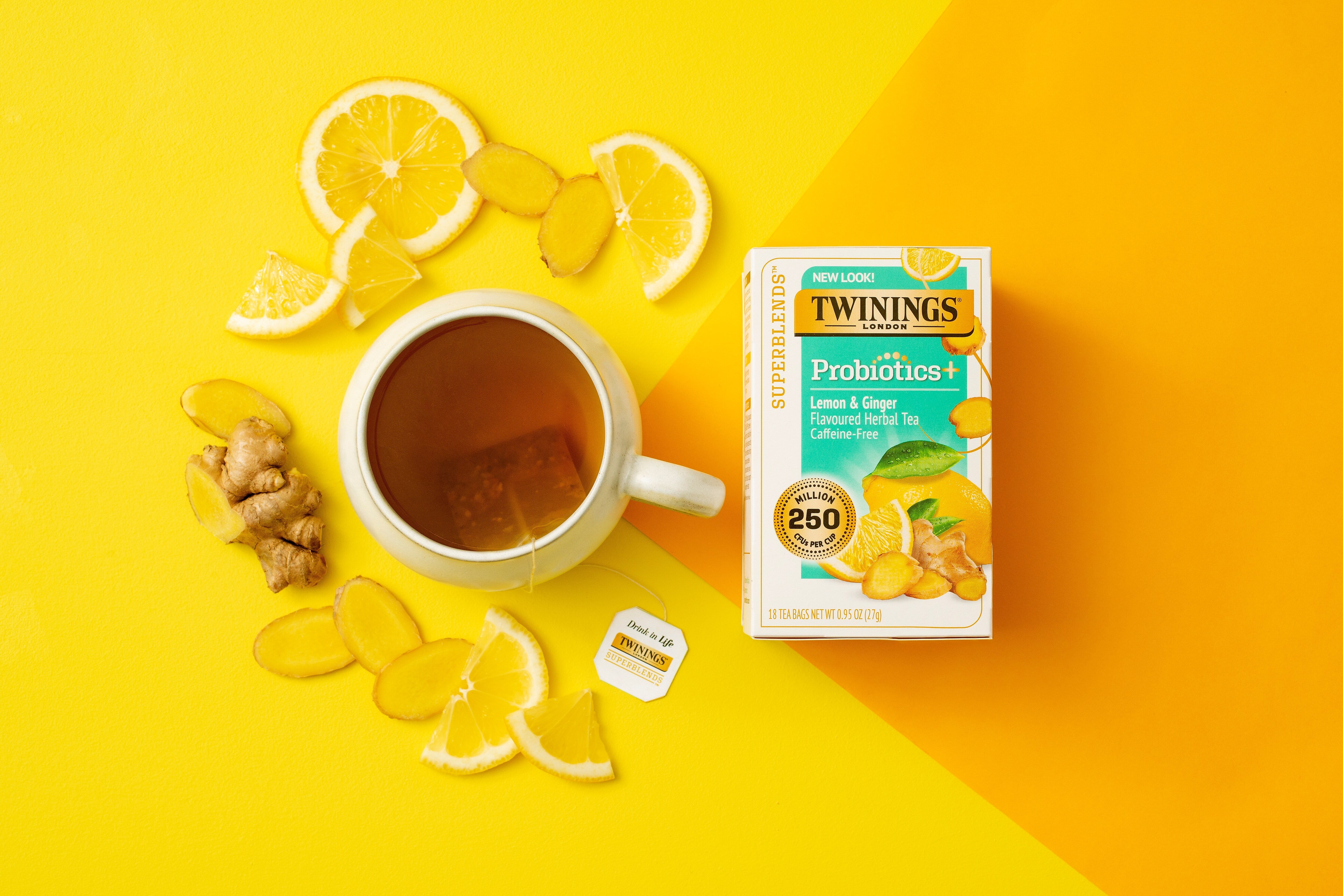Twinings Probiotics Lemon and Ginger Herbal Tea Bags, 18/Box
