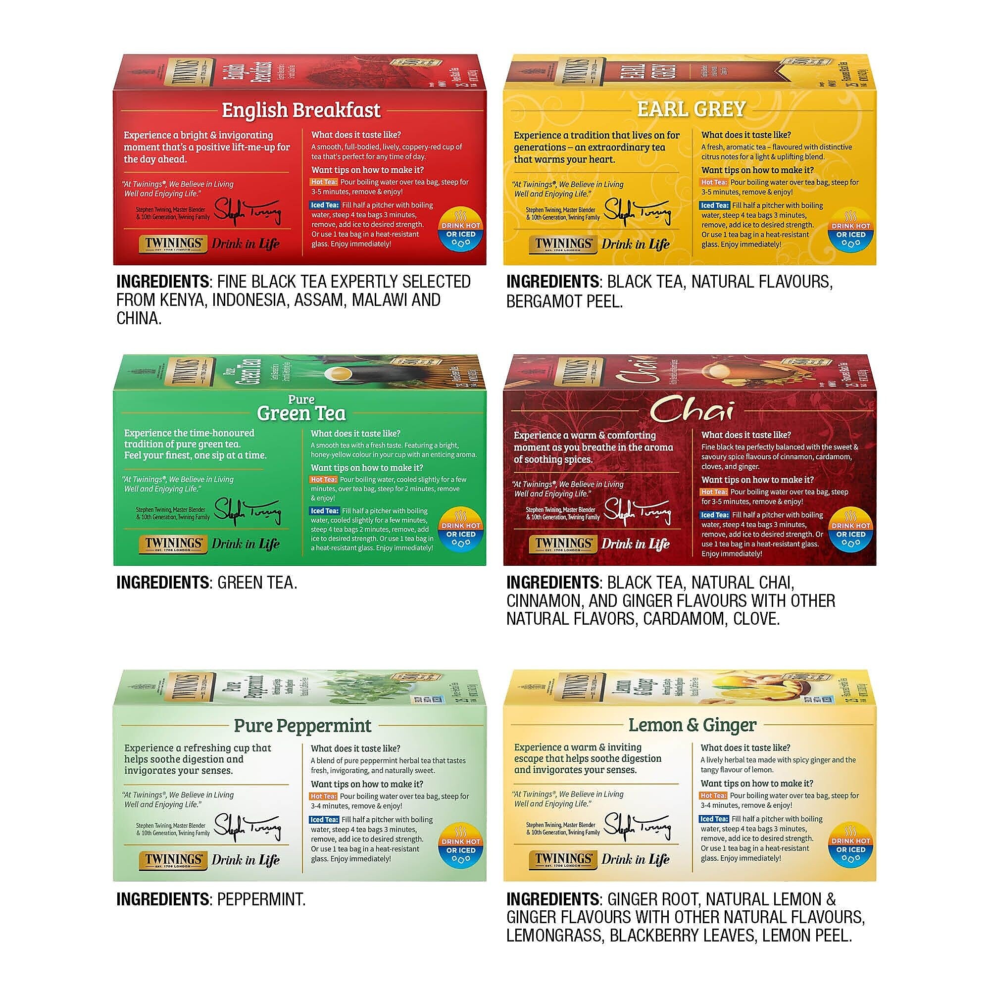 Twinings Variety Pack Assorted Tea Bags, 25 Bags/Box, 6 Boxes/Case