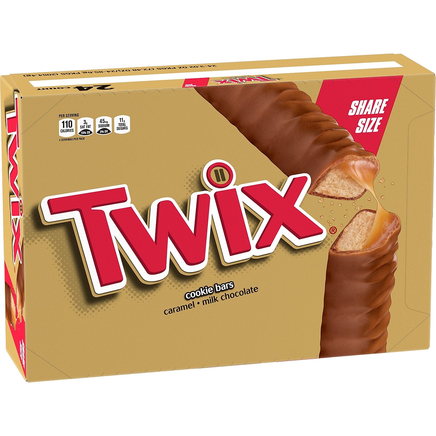 Twix Caramel Sharing Size Chocolate Cookie Bar Candy, 3.02 oz Bar, 24/Box
