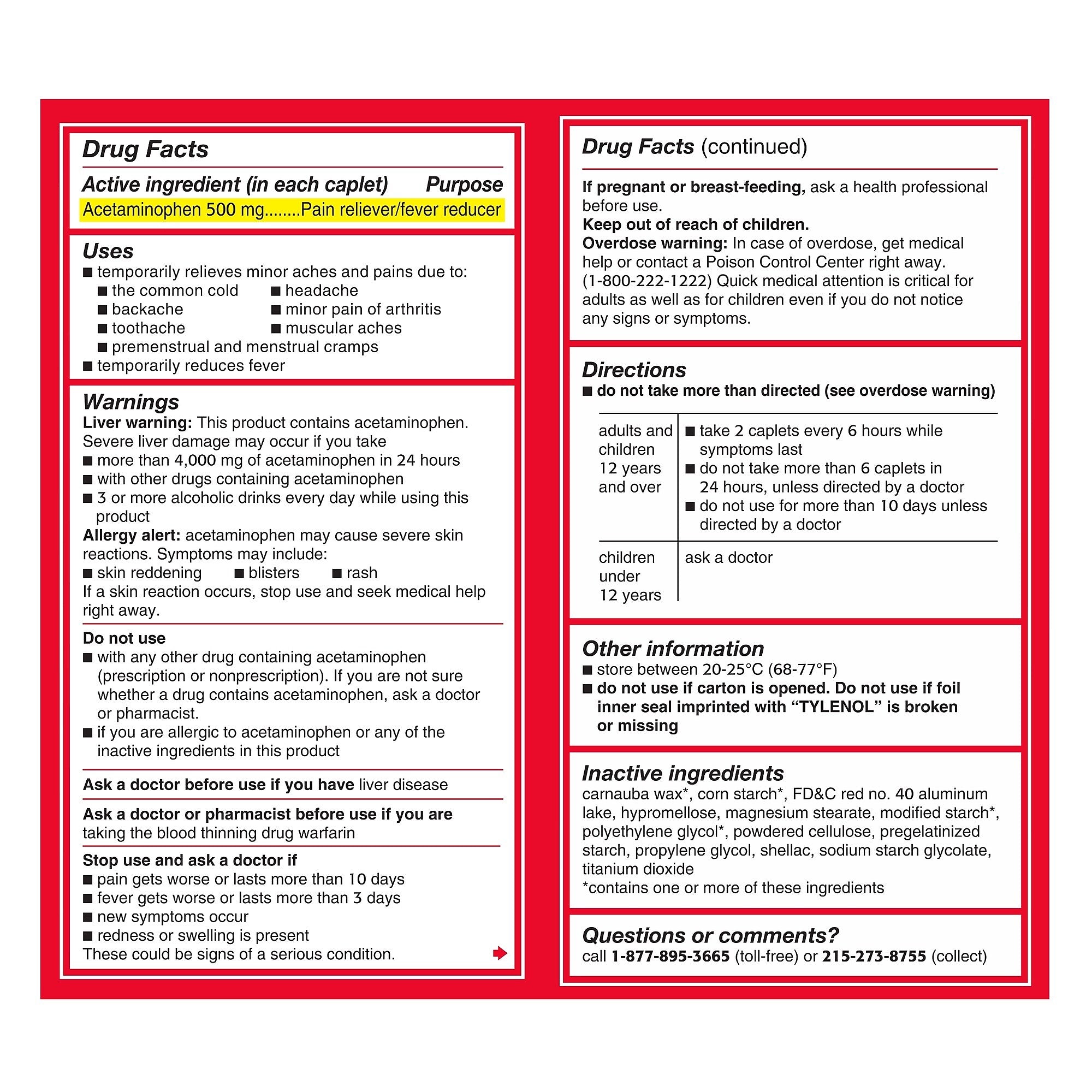Tylenol Extra Strength Caplets, Fever Reducer and Pain Reliever, 500 mg, 50 Count, 2/Pack