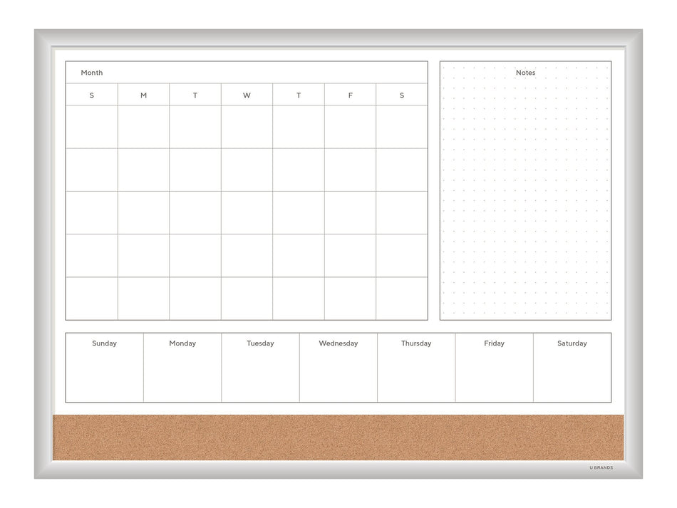 U Brands 4N1 Magnetic Cork & Dry-Erase Calendar Whiteboard, Aluminum Frame, 2' x 1.5'