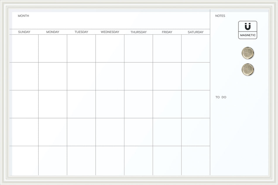 U Brands Magnetic Dry Erase Calendar Whiteboard, 30" x 20", White Decor Frame