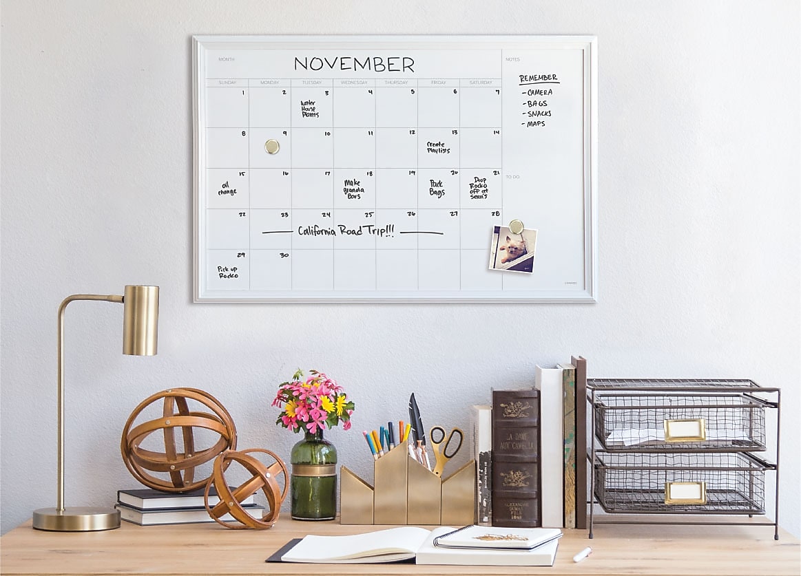 U Brands Magnetic Dry Erase Calendar Whiteboard, 30" x 20", White Decor Frame