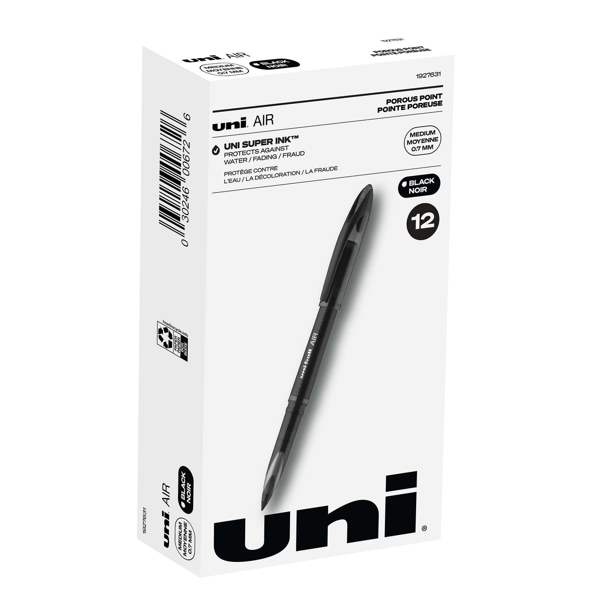 uni AIR Porous Point Pens, Medium Point, 0.7mm, Black, Black Ink, 12/Pack