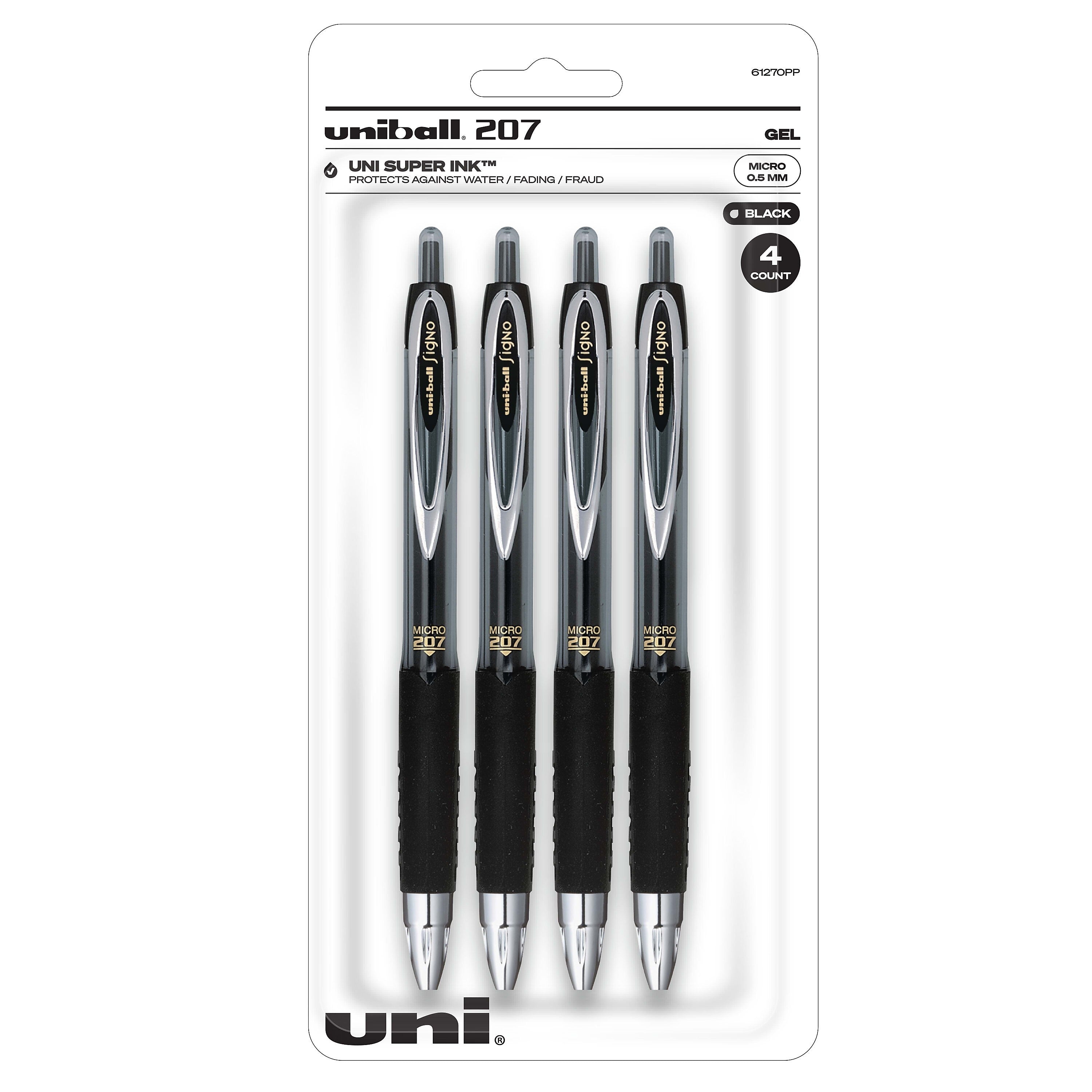 uni-ball 207 Retractable Gel Pens, Micro Point, Black Ink, 4/Pack