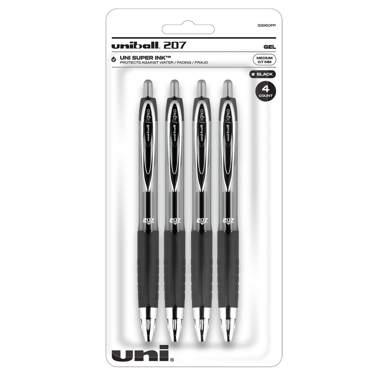 uni-ball 207 Signo RT Retractable Gel Pens, Medium Point, Black Ink, 4 Pack