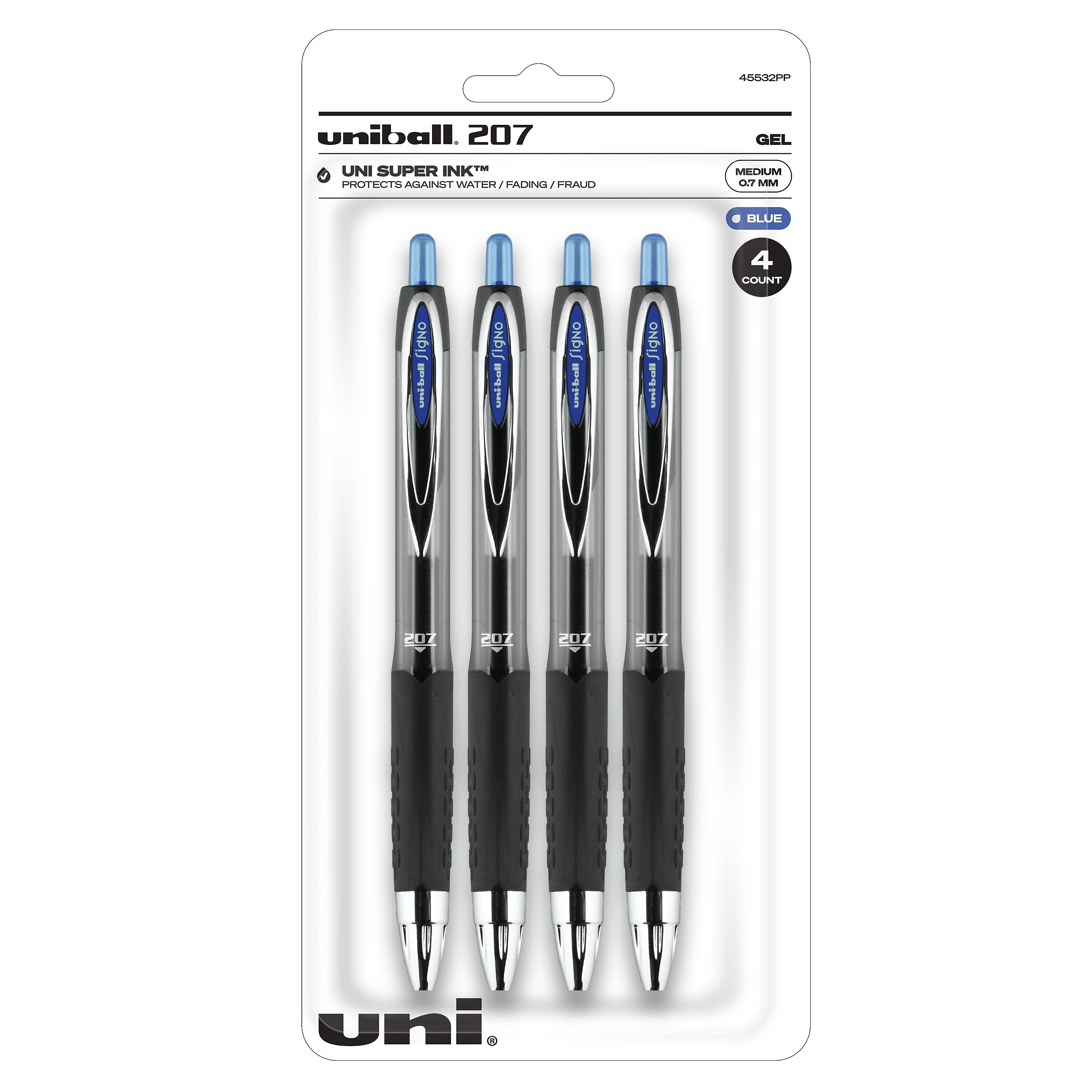 uni-ball 207 Signo RT Retractable Gel Pens, Medium Point, Blue Ink, 4 Pack