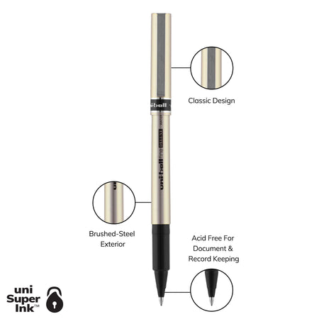 uni-ball Deluxe Rollerball Pens, Fine Point, Black Ink, 12/Pack