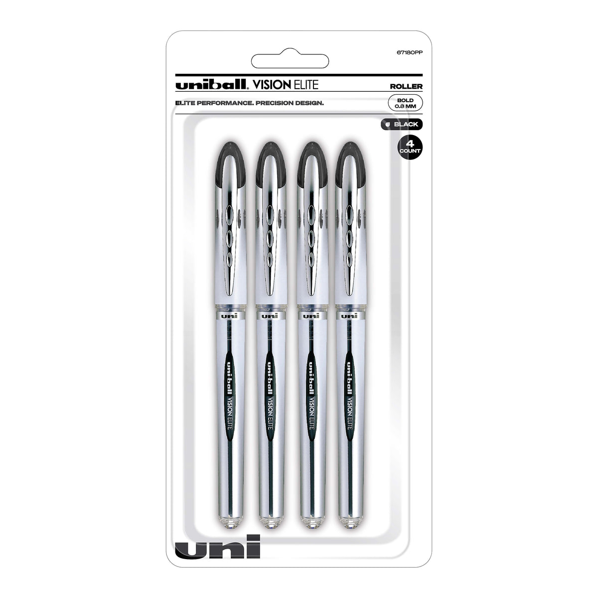 uni-ball Vision Elite Rollerball Pens, Bold Point, Black Ink, 4 Pack