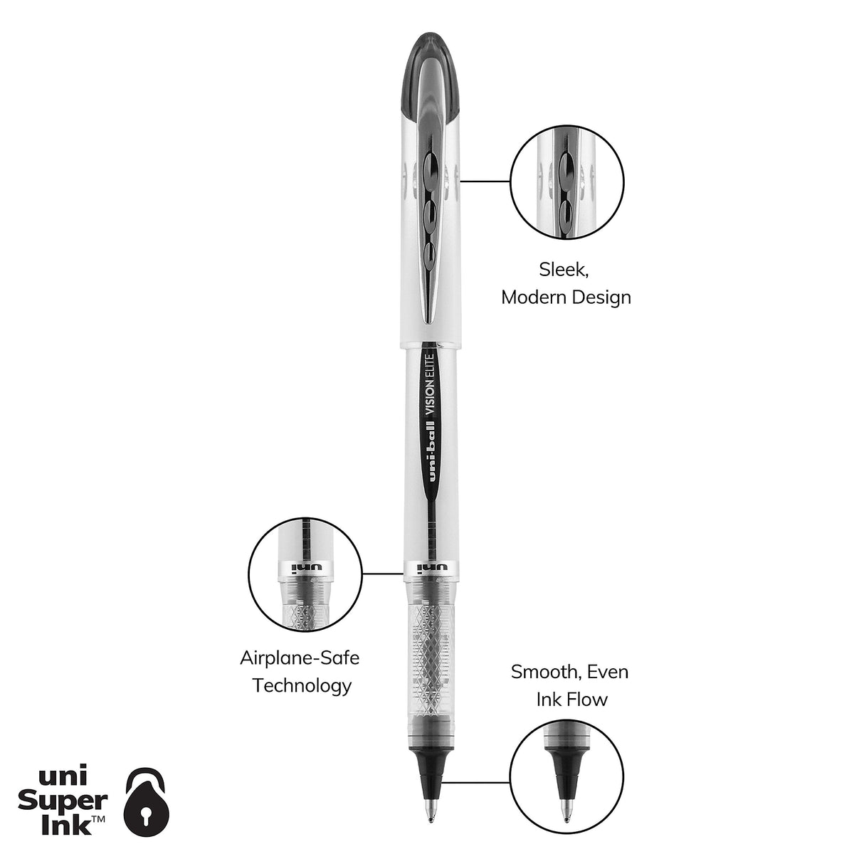 uni-ball Vision Elite Rollerball Pens, Bold Point, Black Ink, 4 Pack