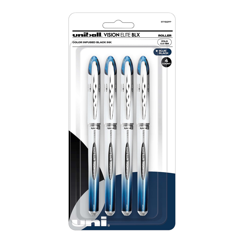 uni-ball Vision Elite Rollerball Pens, Bold Point, Blue/Black Ink, 4/Pack