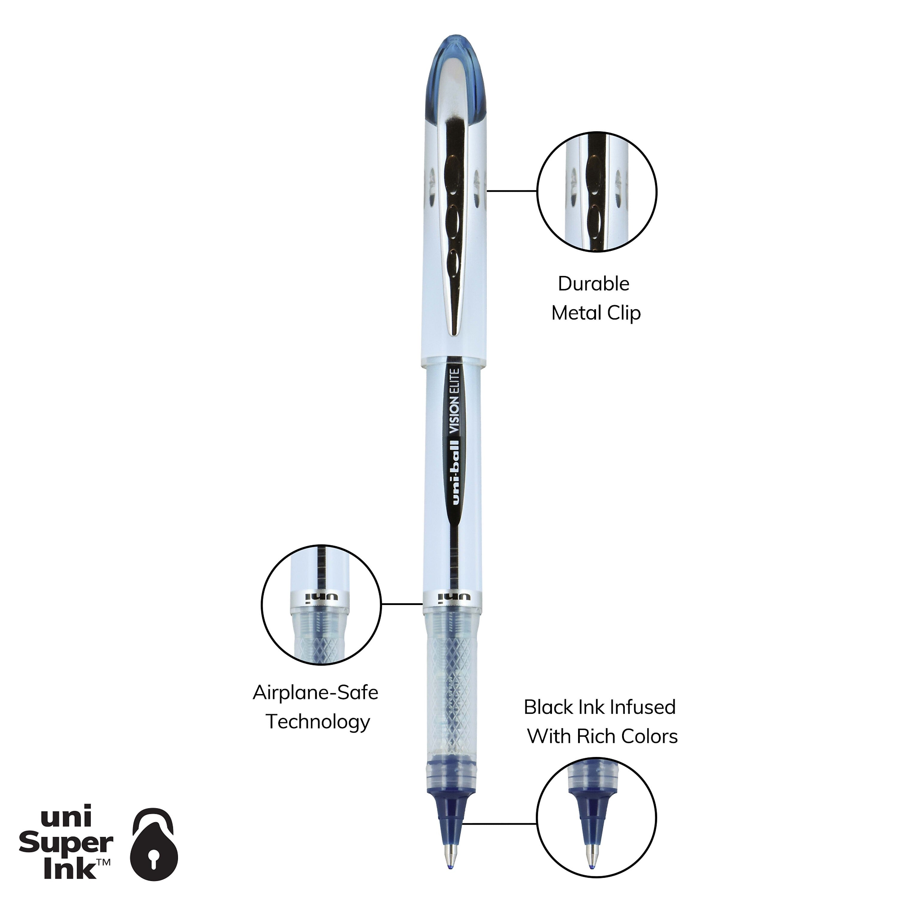 uni-ball Vision Elite Rollerball Pens, Bold Point, Blue/Black Ink, 4/Pack