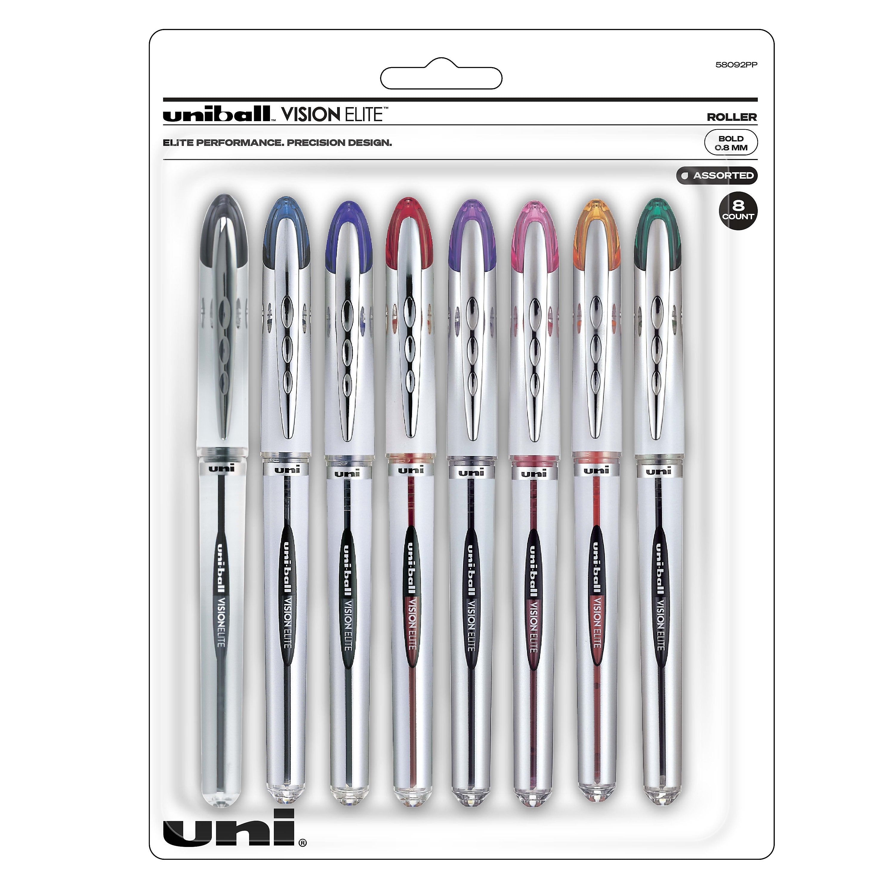 uni-ball Vision Elite Rollerball Pens, Micro Point, Assorted Colors Ink, 8 Pack