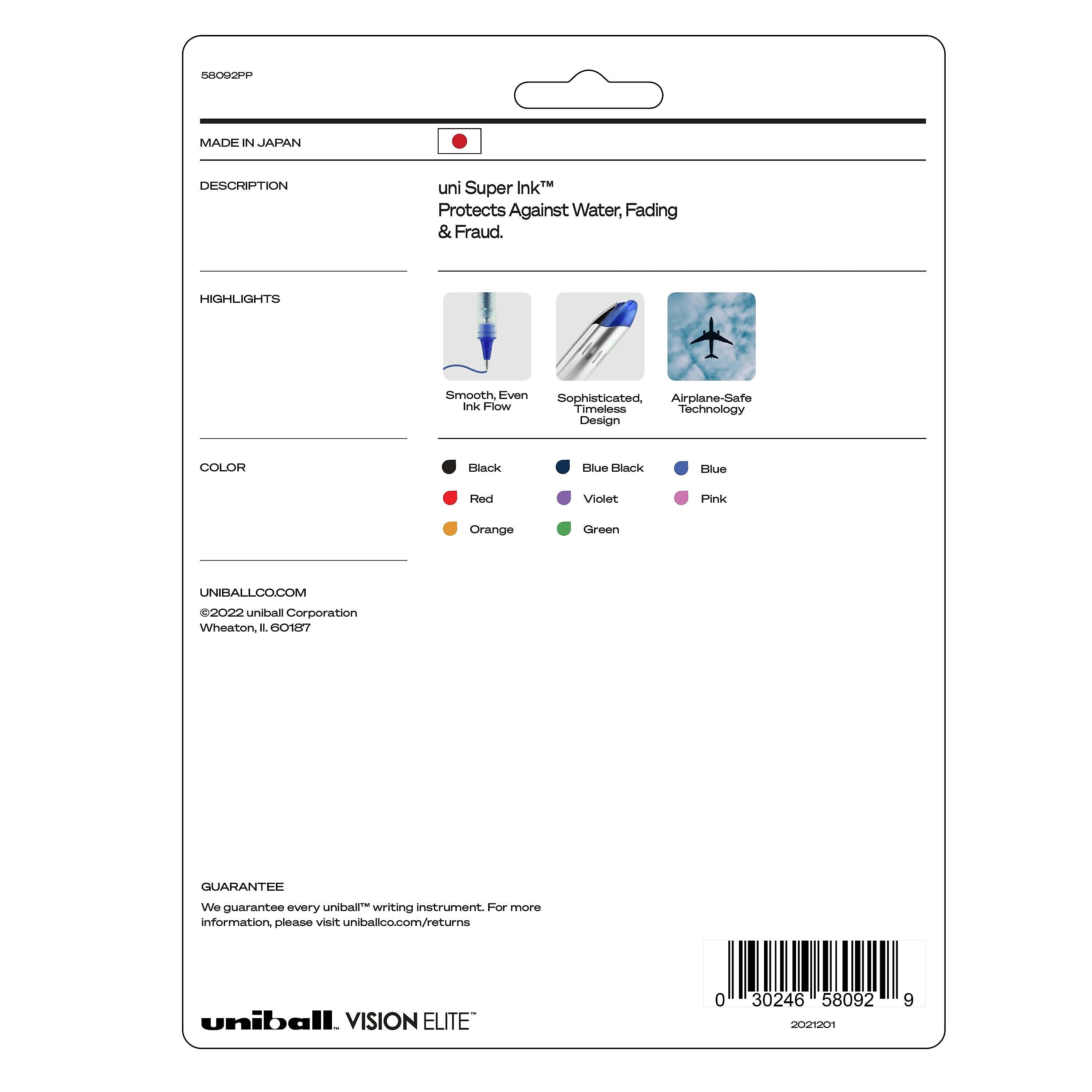 uni-ball Vision Elite Rollerball Pens, Micro Point, Assorted Colors Ink, 8 Pack